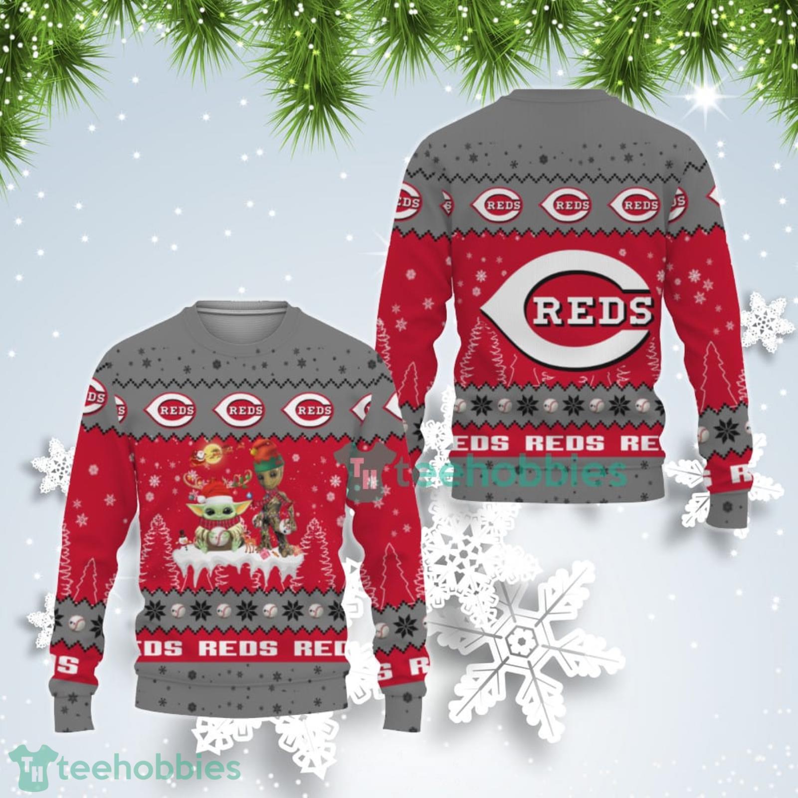 Tis The Season Christmas Baby Yoda Groot Cincinnati Reds Cute Christmas Gift Ugly Christmas Sweater Product Photo 1