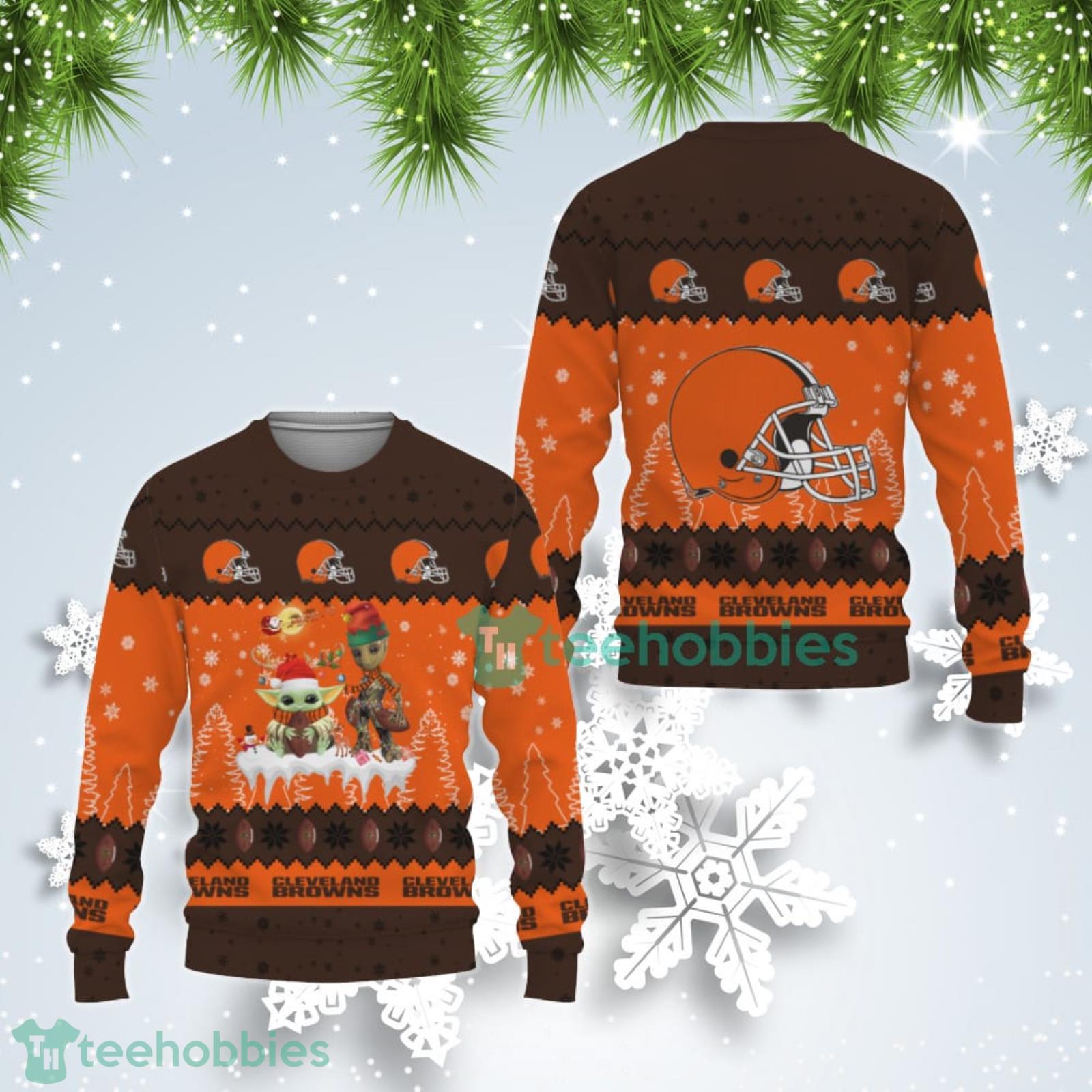 Tis The Season Christmas Baby Yoda Groot Cleveland Browns Cute Christmas Gift Ugly Christmas Sweater Product Photo 1