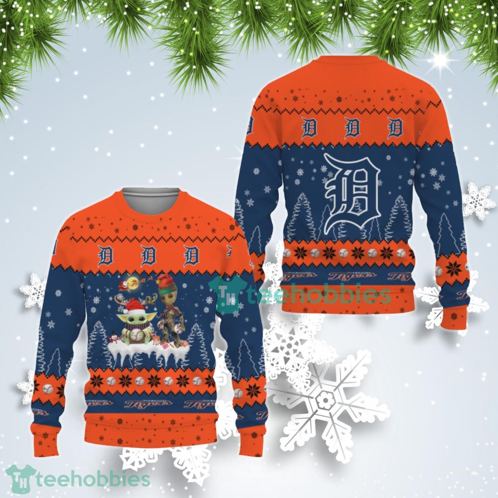 Tis The Season Christmas Baby Yoda Groot Detroit Tigers Cute Christmas Gift Ugly Christmas Sweater Product Photo 1