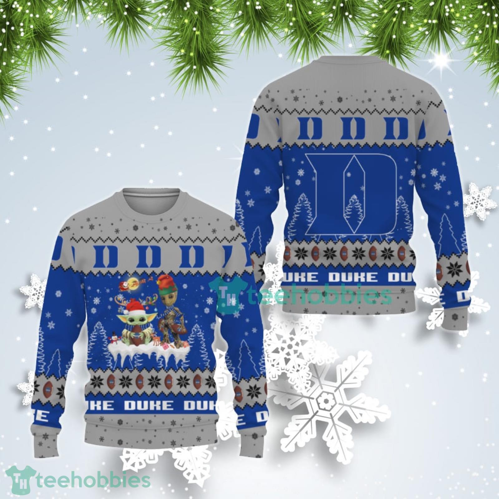 Tis The Season Christmas Baby Yoda Groot Duke Blue Devils Cute Christmas Gift Ugly Christmas Sweater Product Photo 1