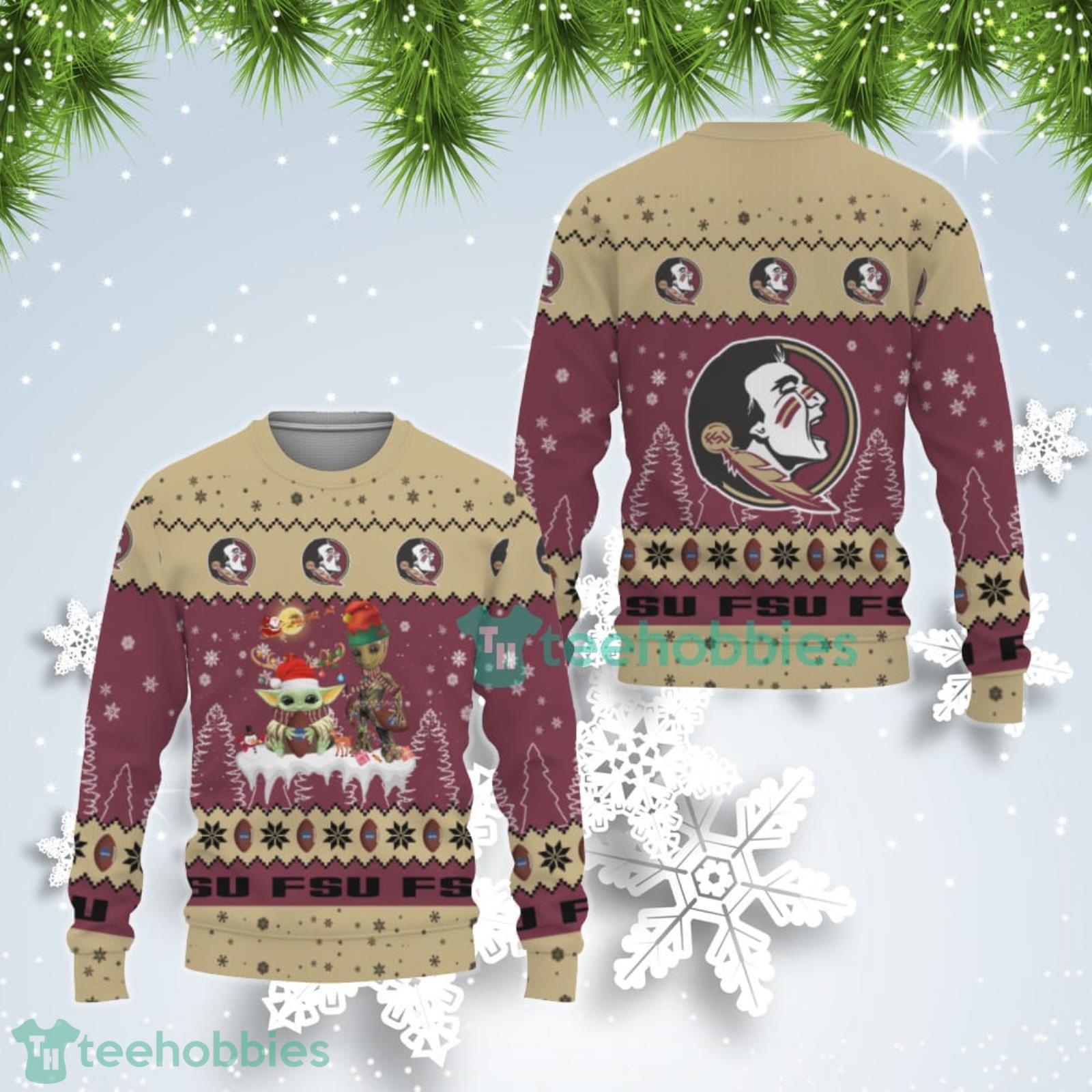Tis The Season Christmas Baby Yoda Groot Florida State Seminoles Cute Christmas Gift Ugly Christmas Sweater Product Photo 1