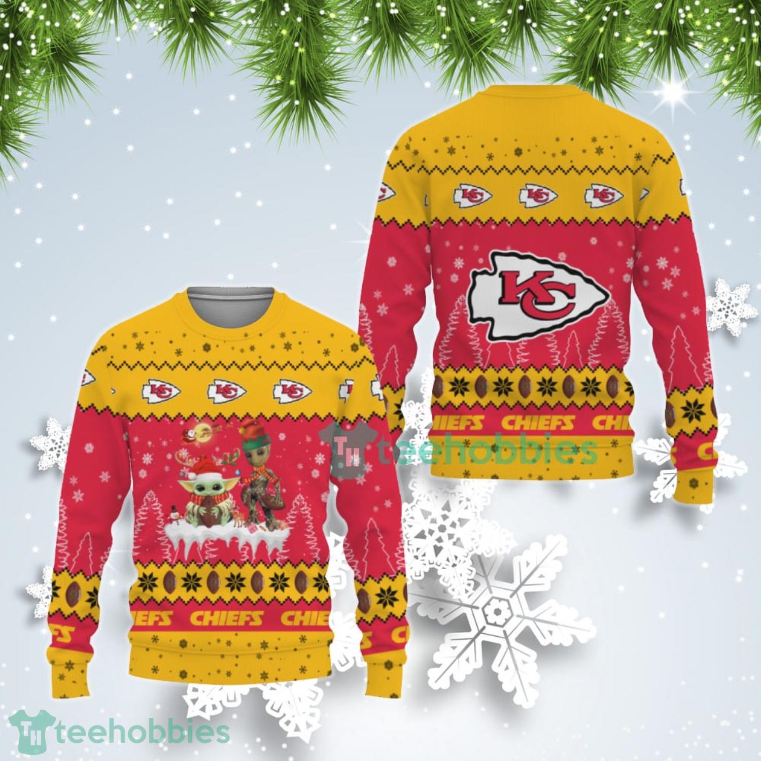 Tis The Season Christmas Baby Yoda Groot Kansas City Chiefs Cute Christmas Gift Ugly Christmas Sweater Product Photo 1