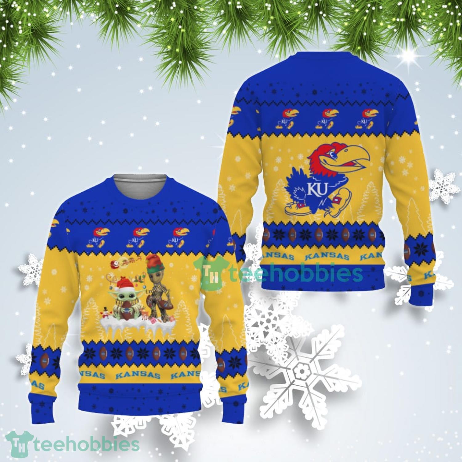 Tis The Season Christmas Baby Yoda Groot Kansas Jayhawks Cute Christmas Gift Ugly Christmas Sweater Product Photo 1
