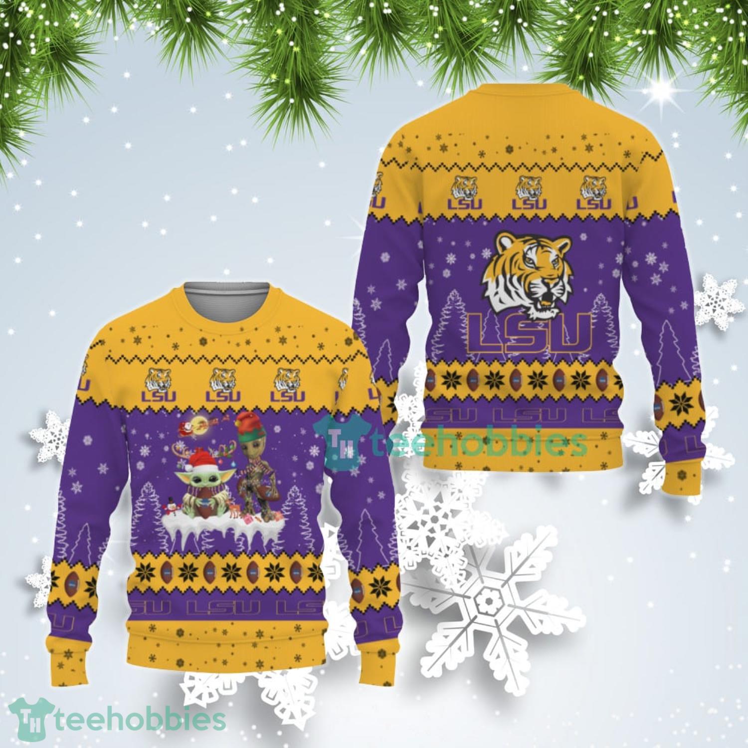 Tis The Season Christmas Baby Yoda Groot LSU Tigers Cute Christmas Gift Ugly Christmas Sweater Product Photo 1