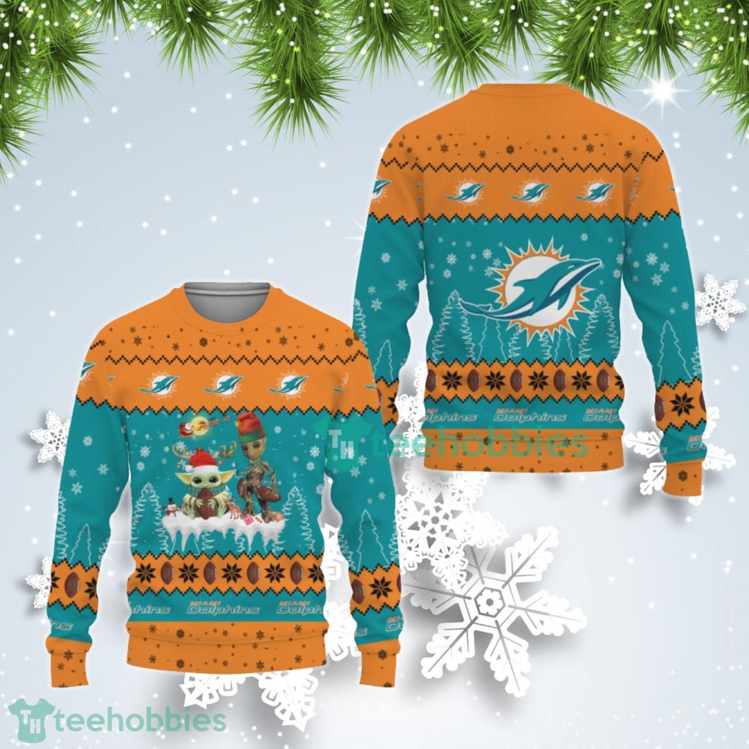 Tis The Season Christmas Baby Yoda Groot Miami Dolphins Cute Christmas Gift Ugly Christmas Sweater Product Photo 1