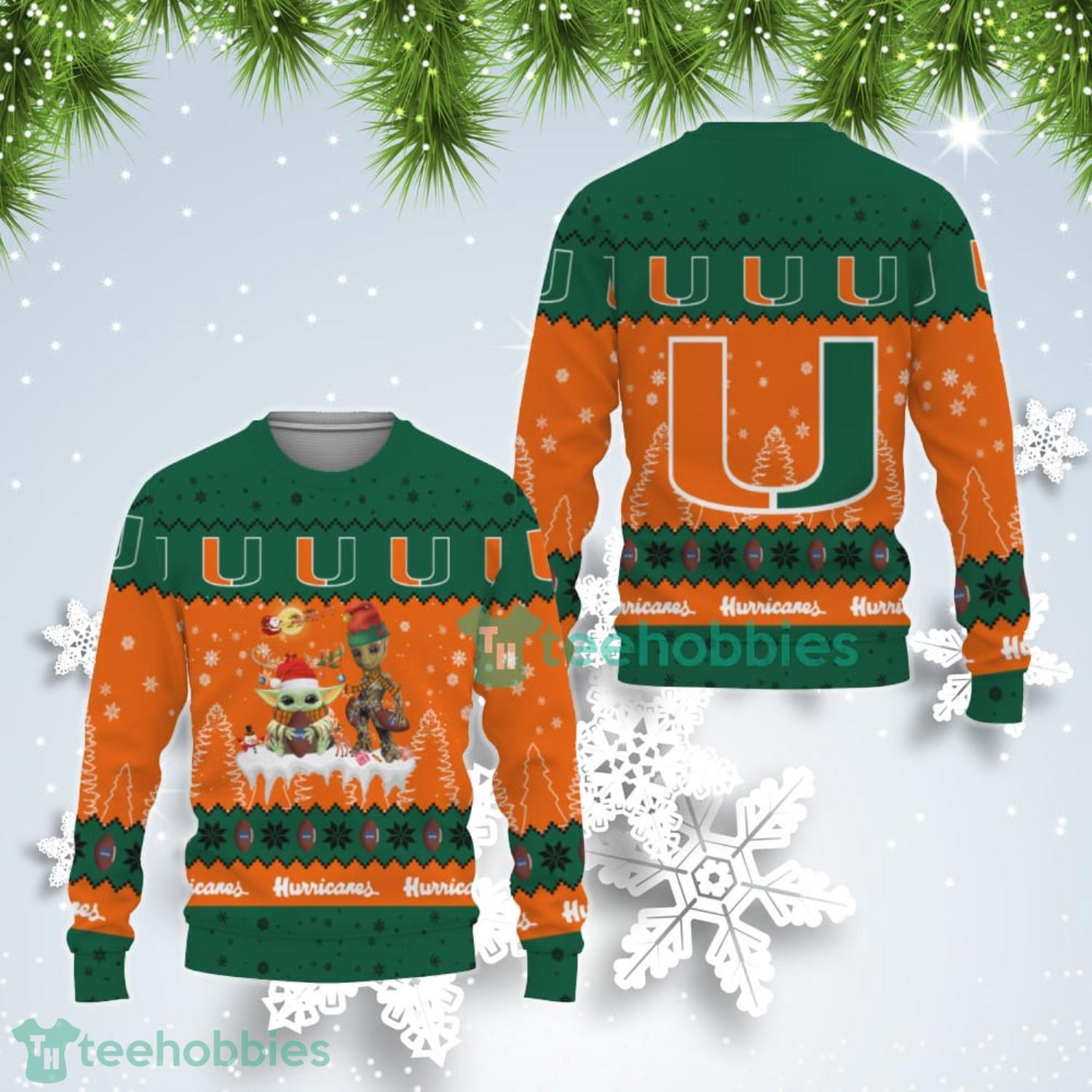Tis The Season Christmas Baby Yoda Groot Miami Hurricanes Cute Christmas Gift Ugly Christmas Sweater Product Photo 1