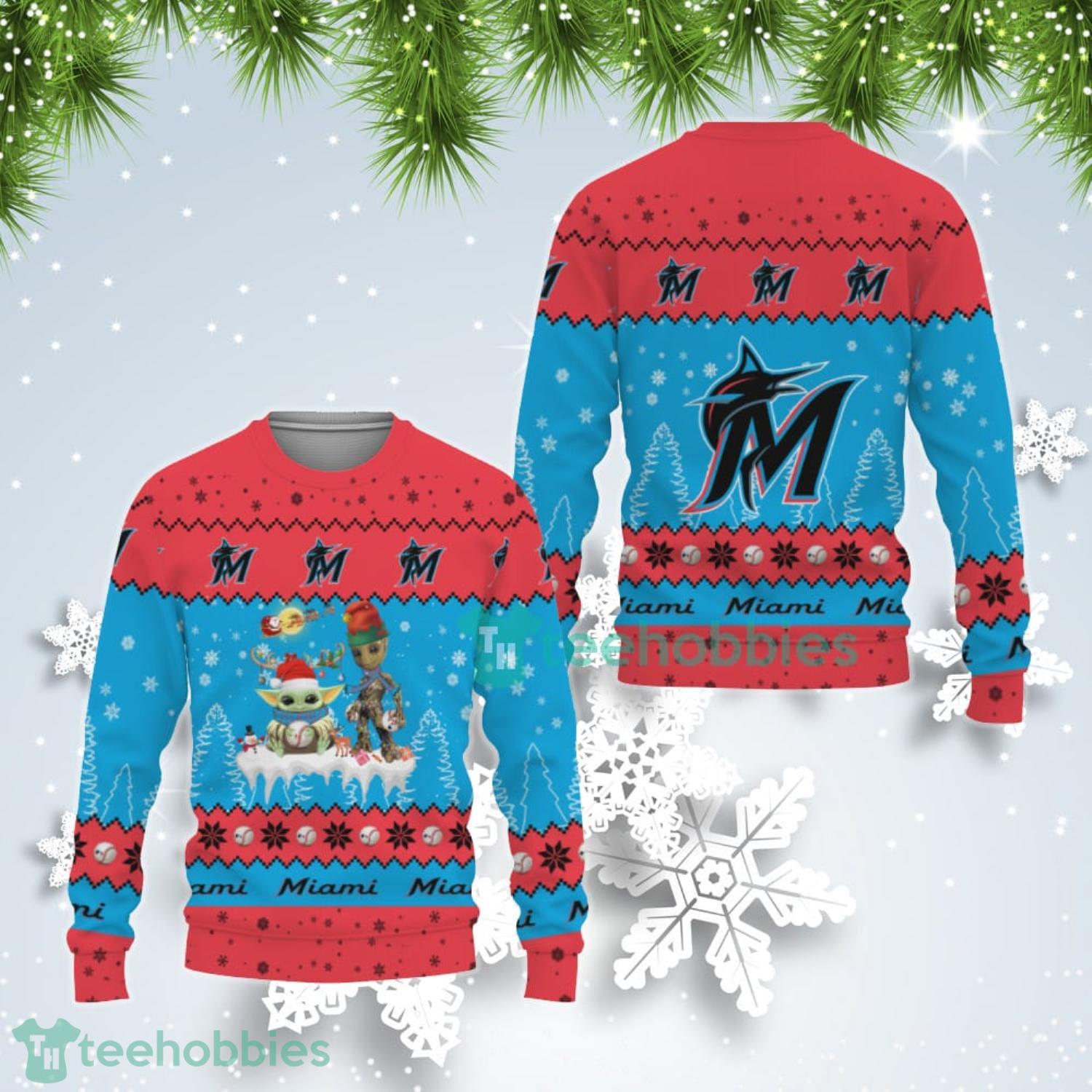 Tis The Season Christmas Baby Yoda Groot Miami Marlins Cute Christmas Gift Ugly Christmas Sweater Product Photo 1