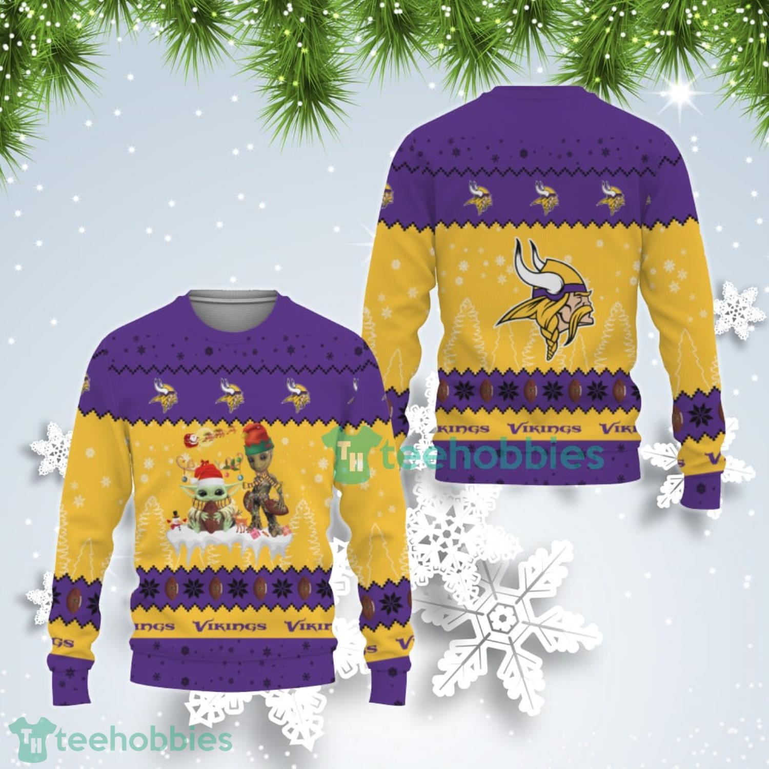 Tis The Season Christmas Baby Yoda Groot Minnesota Vikings Cute Christmas Gift Ugly Christmas Sweater Product Photo 1