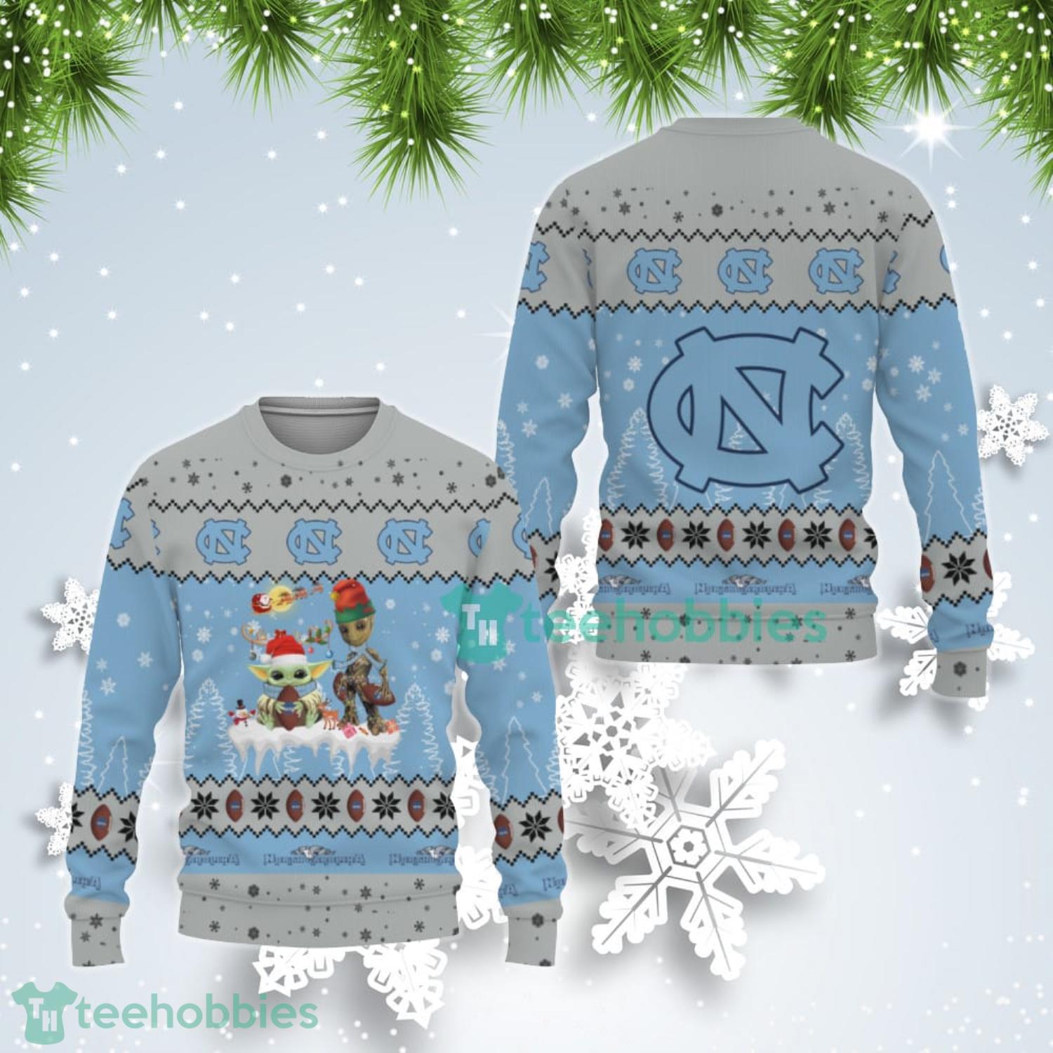 Tis The Season Christmas Baby Yoda Groot North Carolina Tar Heels Cute Christmas Gift Ugly Christmas Sweater Product Photo 1