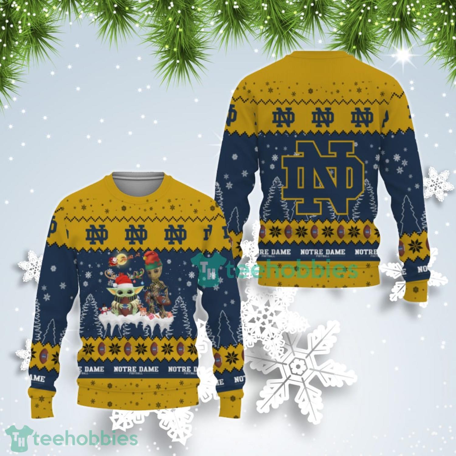 Tis The Season Christmas Baby Yoda Groot Notre Dame Fighting Irish Cute Christmas Gift Ugly Christmas Sweater Product Photo 1