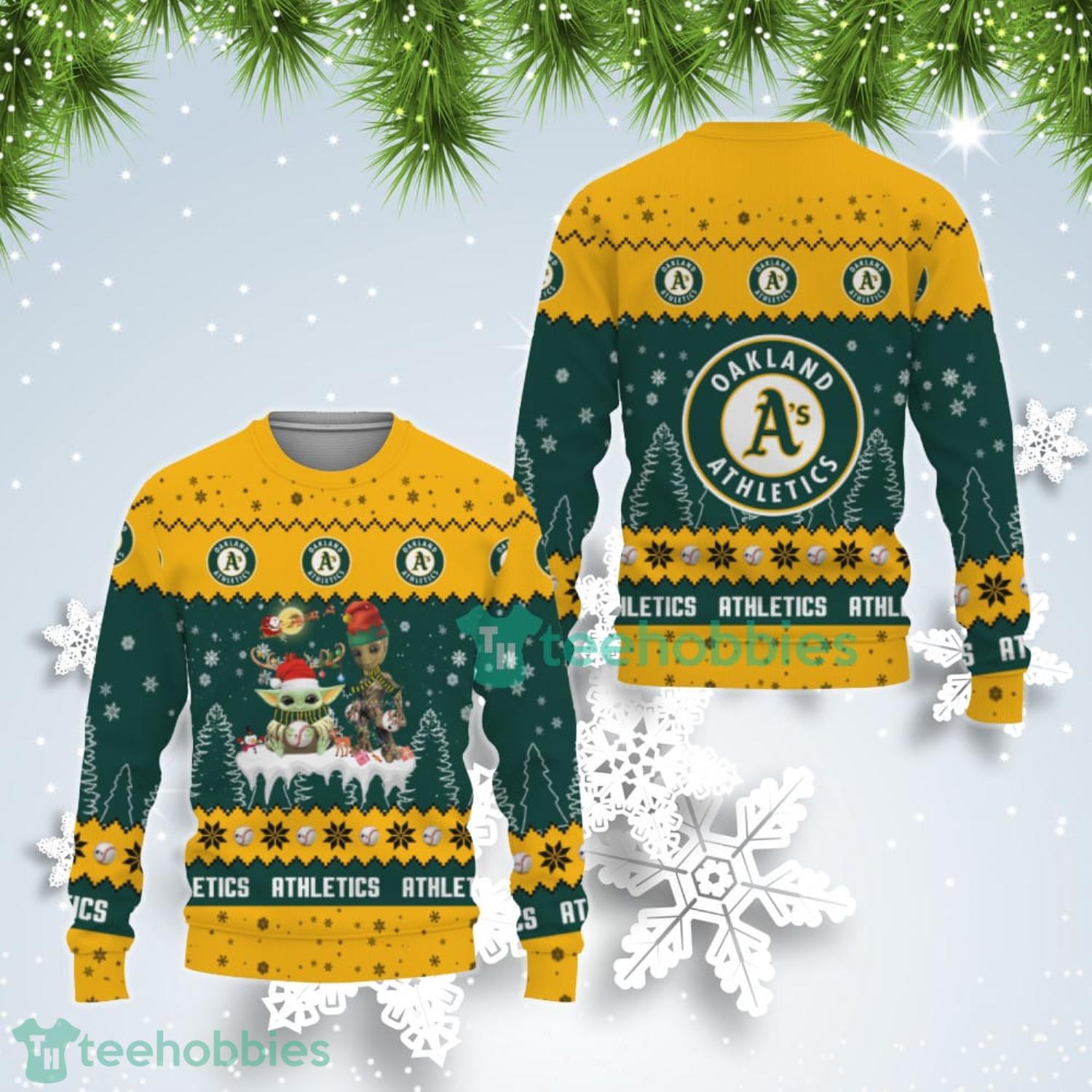 Tis The Season Christmas Baby Yoda Groot Oakland Athletics Cute Christmas Gift Ugly Christmas Sweater Product Photo 1