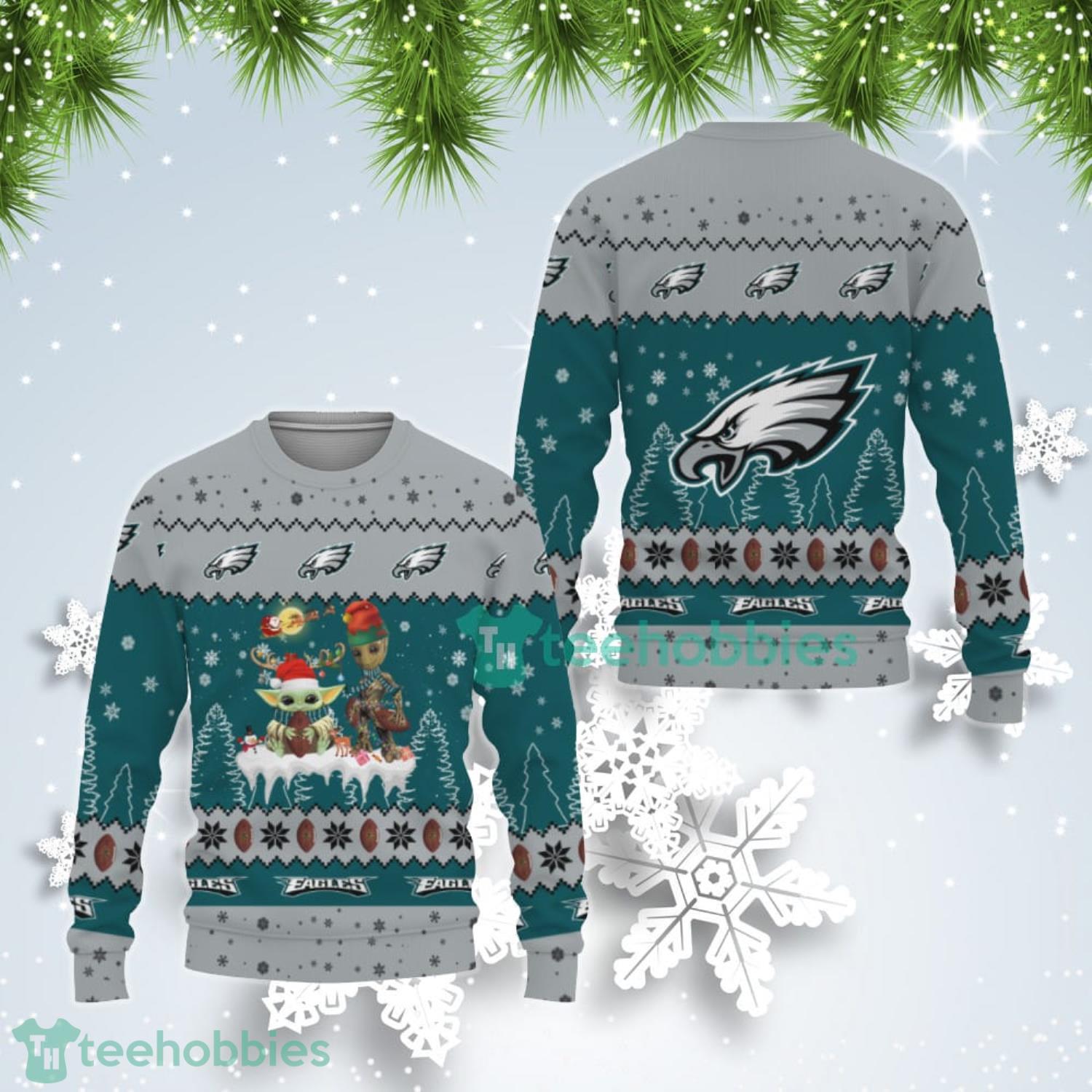 Tis The Season Christmas Baby Yoda Groot Philadelphia Eagles Cute Christmas Gift Ugly Christmas Sweater Product Photo 1