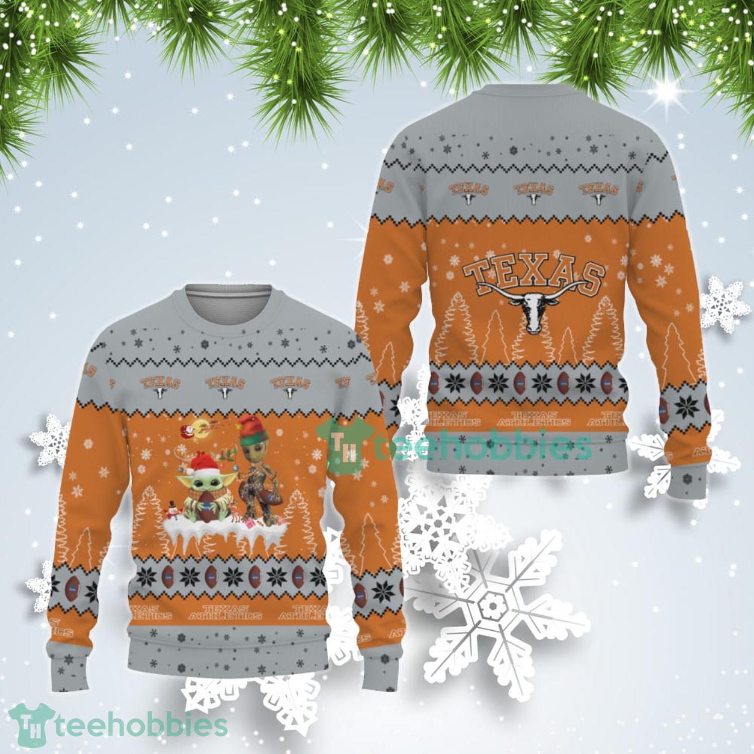 Tis The Season Christmas Baby Yoda Groot Texas Longhorns Cute Christmas Gift Ugly Christmas Sweater Product Photo 1