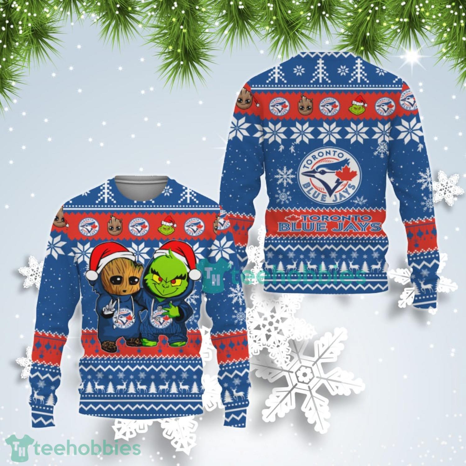 Toronto Blue Jays Baby Groot And Grinch Best Friends Ugly Christmas Sweater Product Photo 1