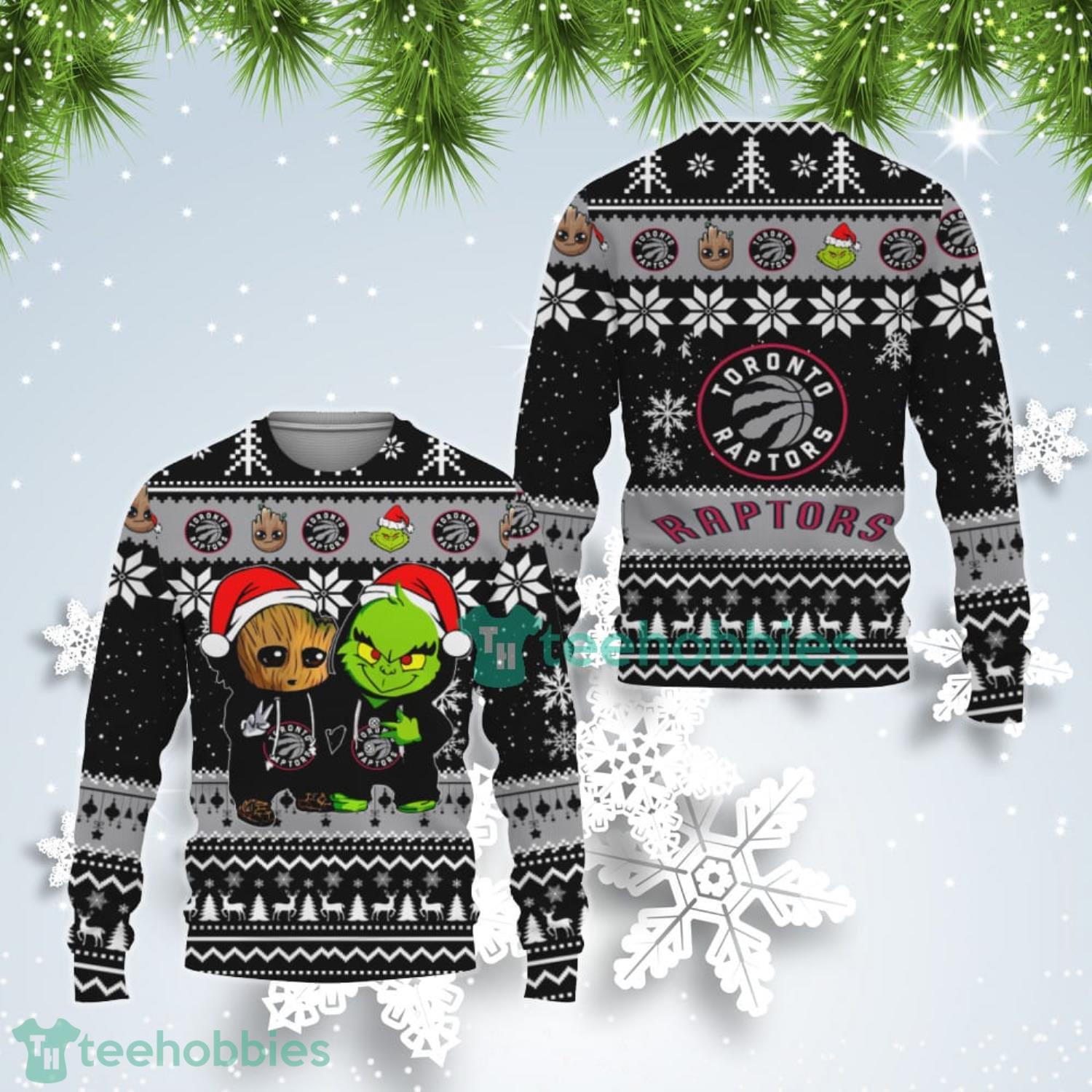 Toronto Raptors Baby Groot And Grinch Best Friends Ugly Christmas Sweater Product Photo 1