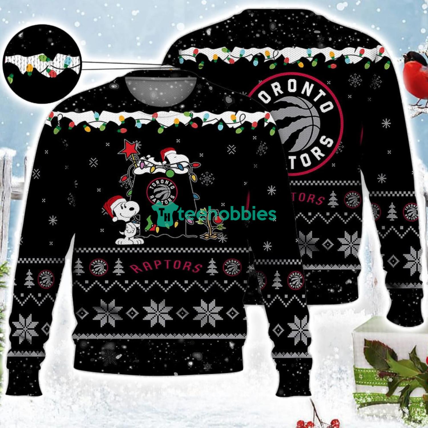 Toronto Raptors Snoopy Christmas Light Woodstock Snoopy Ugly Christmas Sweater Product Photo 1