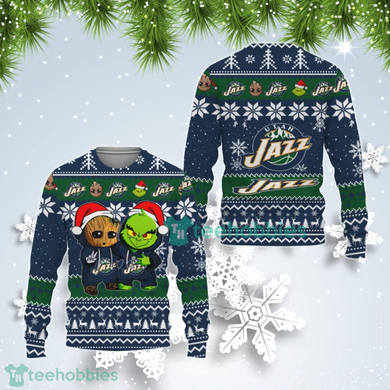 Utah Jazz Baby Groot And Grinch Best Friends Ugly Christmas Sweater Product Photo 1
