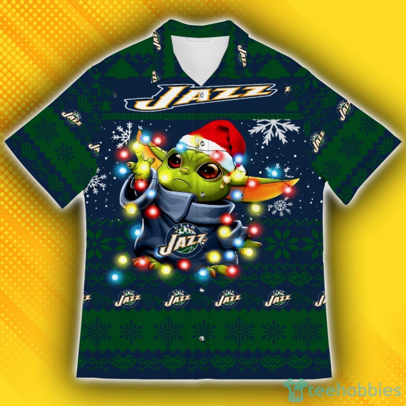 Utah Jazz Baby Yoda Star Wars Ugly Christmas Sweater Pattern Hawaiian Shirt Product Photo 1