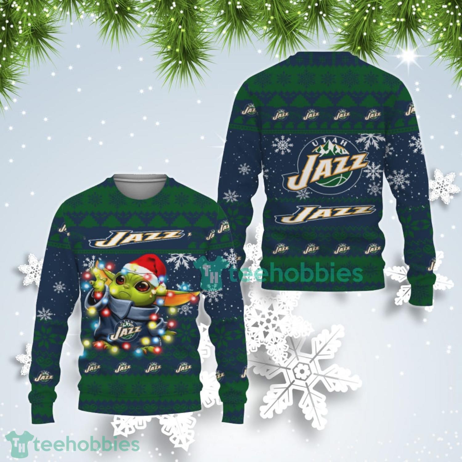Utah Jazz Cute Baby Yoda Star Wars Ugly Christmas Sweater Product Photo 1