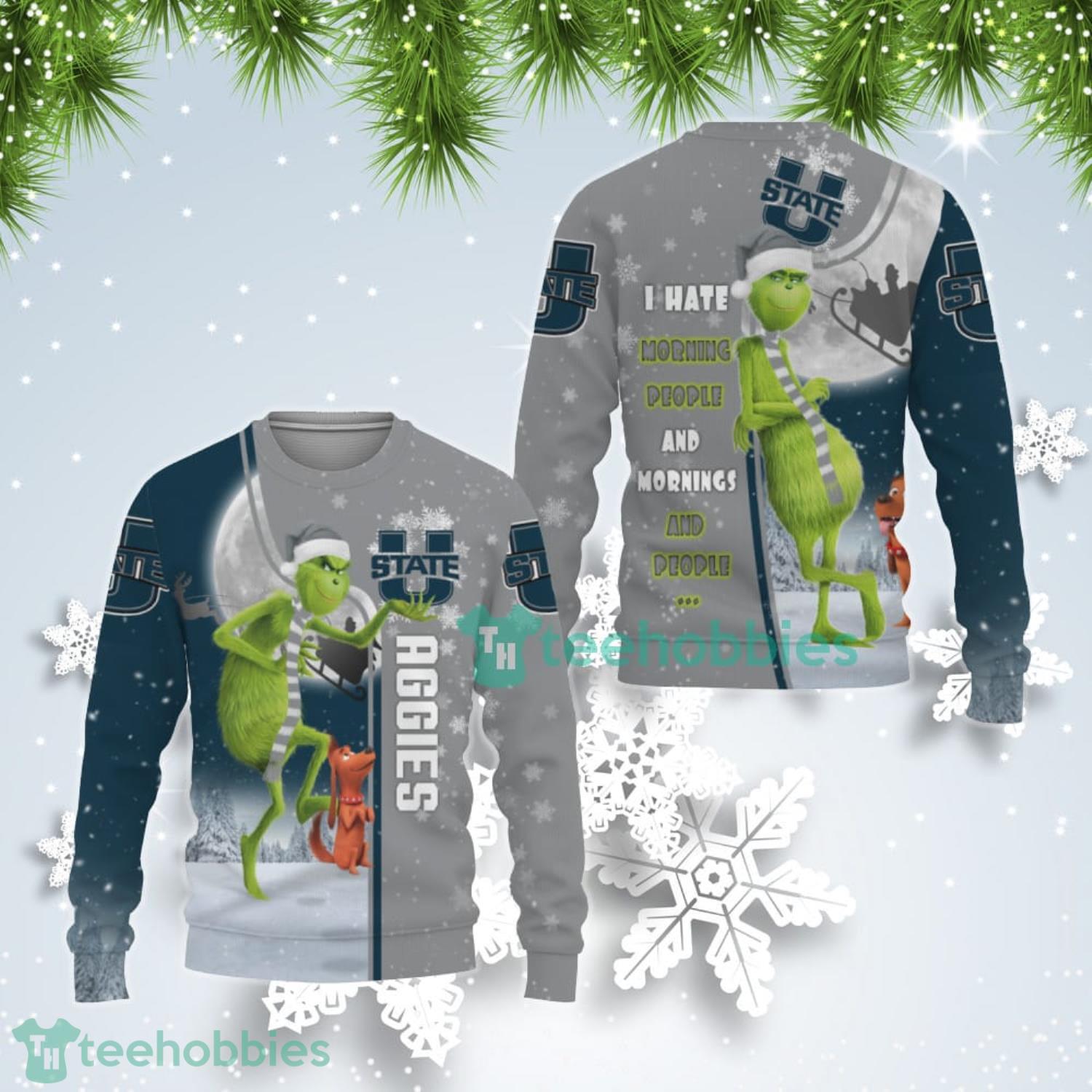 Utah State Aggies Funny Grinch I Hate Morning People Ugly Christmas Sweater Product Photo 1