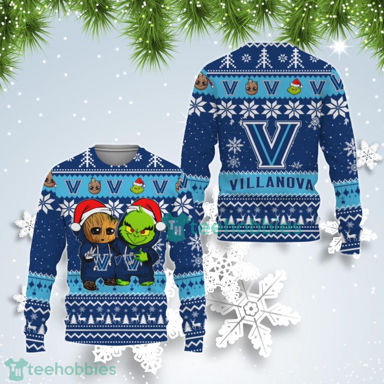 Villanova Wildcats Baby Groot And Grinch Best Friends Ugly Christmas Sweater Product Photo 1