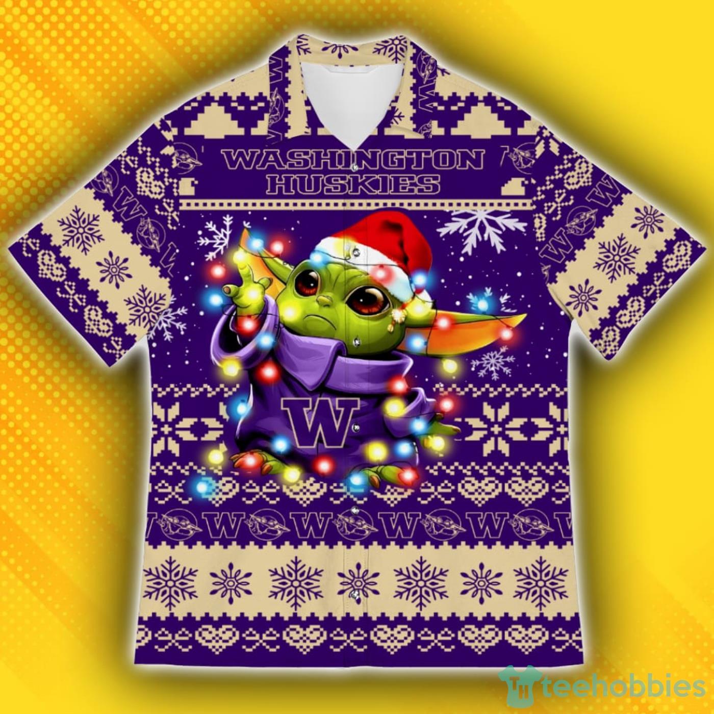 Washington Huskies Baby Yoda Star Wars Ugly Christmas Sweater Pattern Hawaiian Shirt Product Photo 1