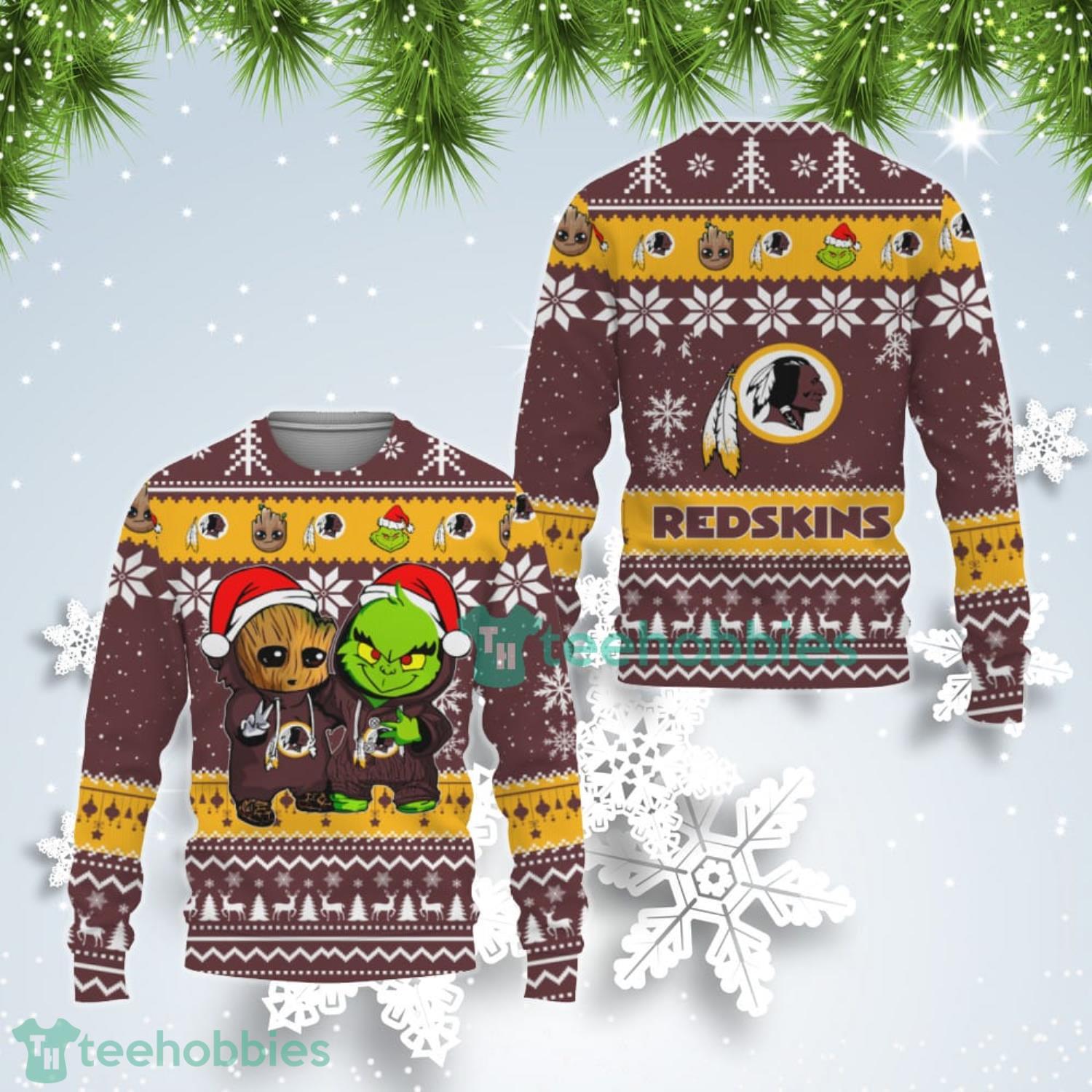 Washington Redskins Baby Groot And Grinch Best Friends Ugly Christmas Sweater Product Photo 1