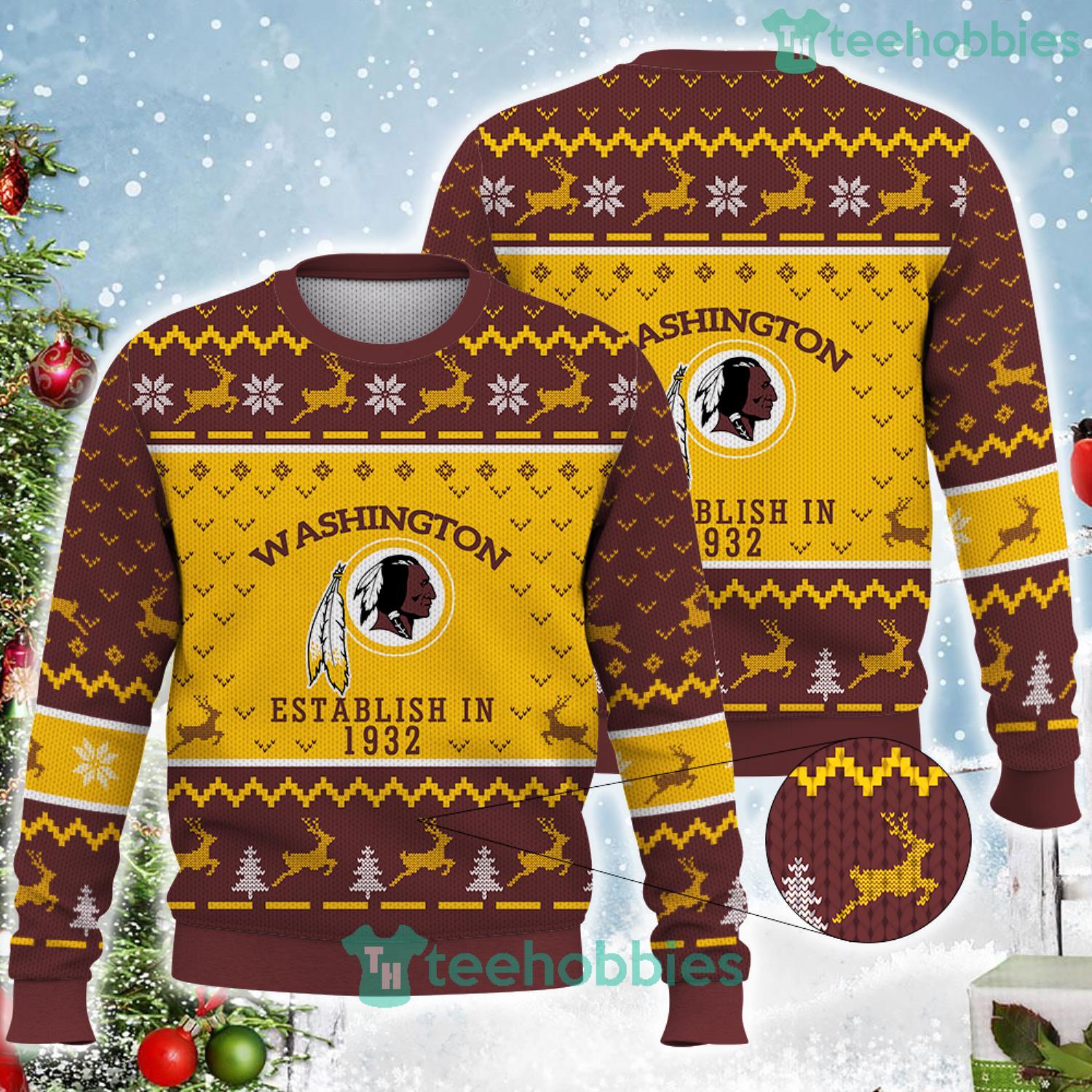 Washington Redskins Establish In 1932 Snowflake Reindeer Pattern Ugly Christmas Sweater Product Photo 1