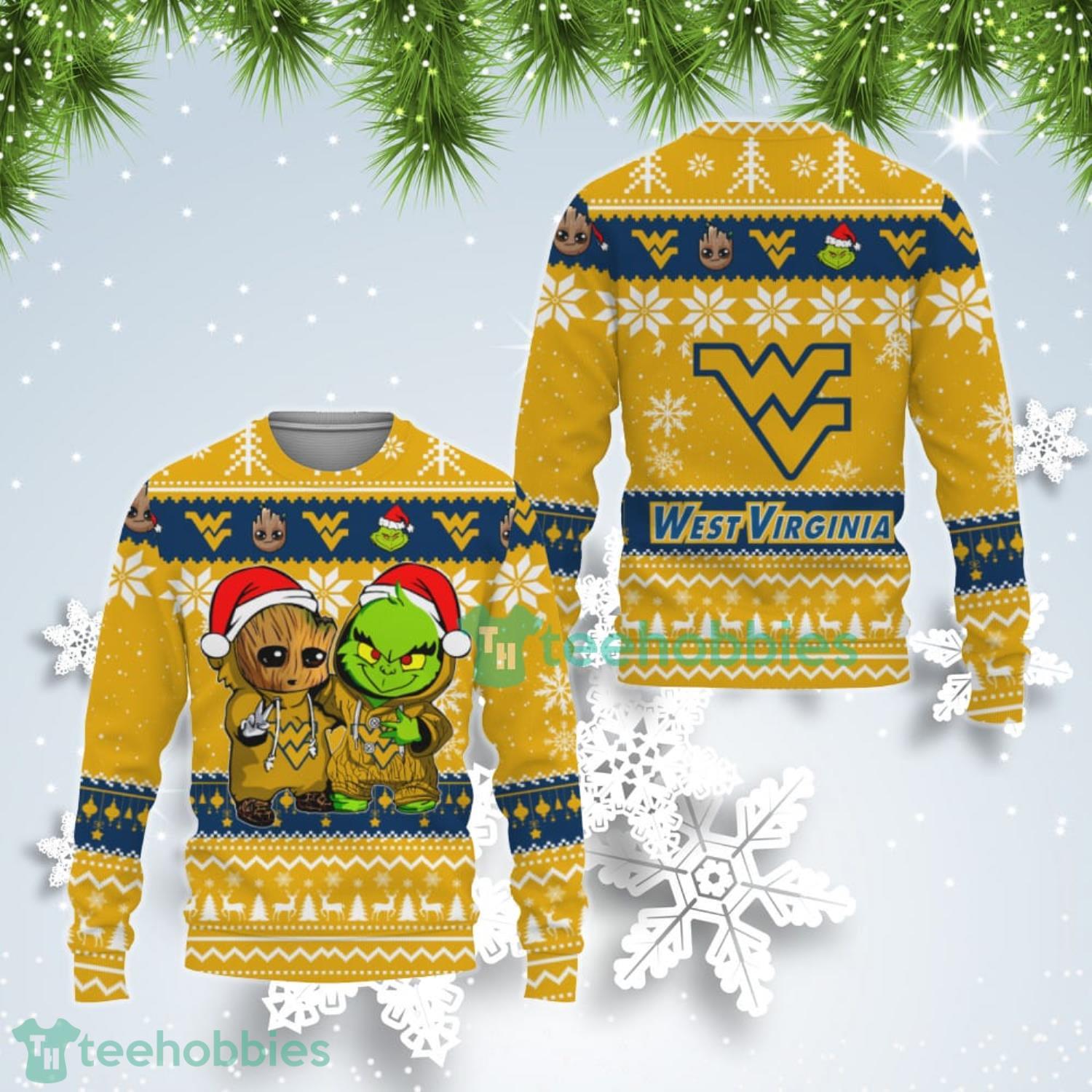 West Virginia Mountaineers Baby Groot And Grinch Best Friends Ugly Christmas Sweater Product Photo 1