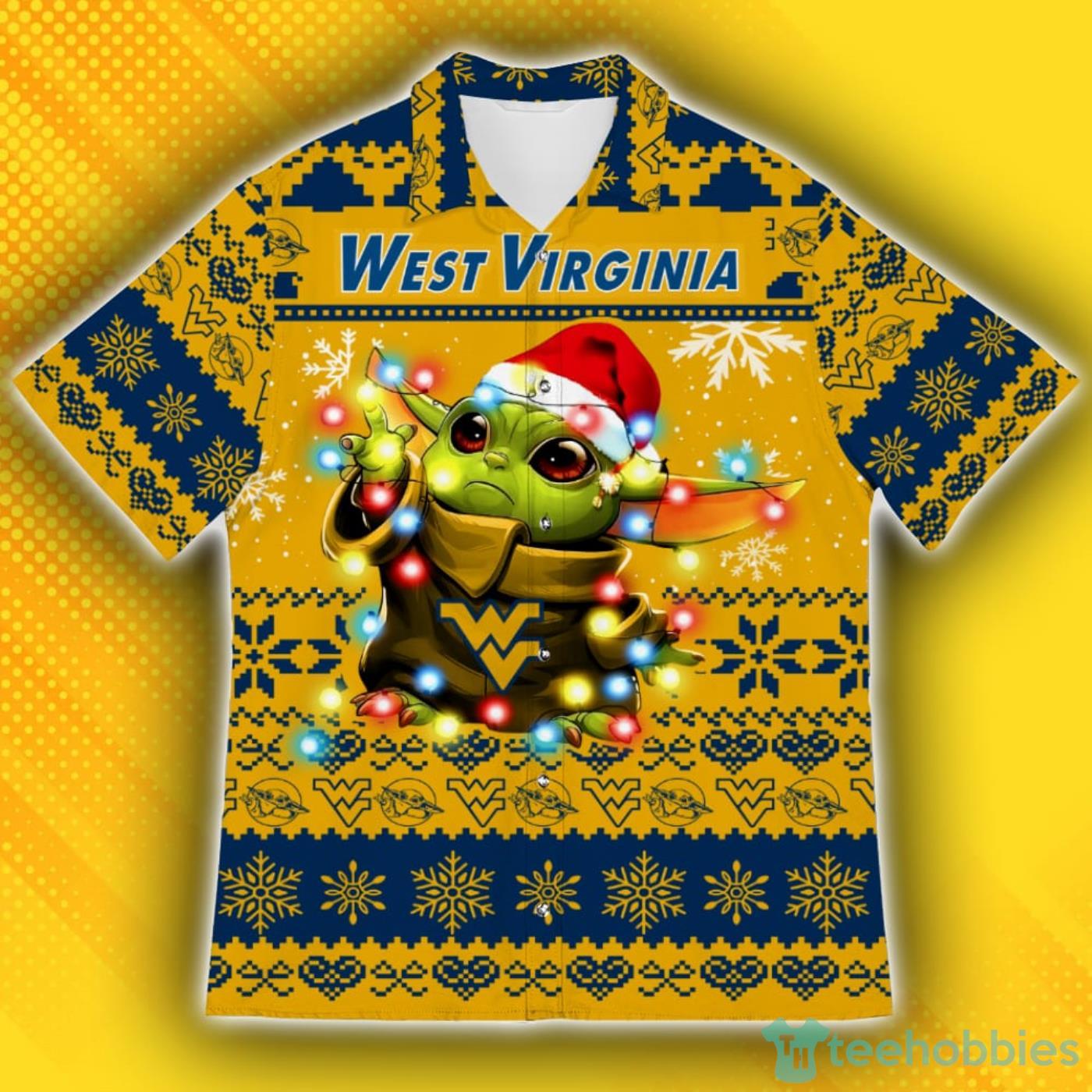 West Virginia Mountaineers Baby Yoda Star Wars Ugly Christmas Sweater Pattern Hawaiian Shirt Product Photo 1