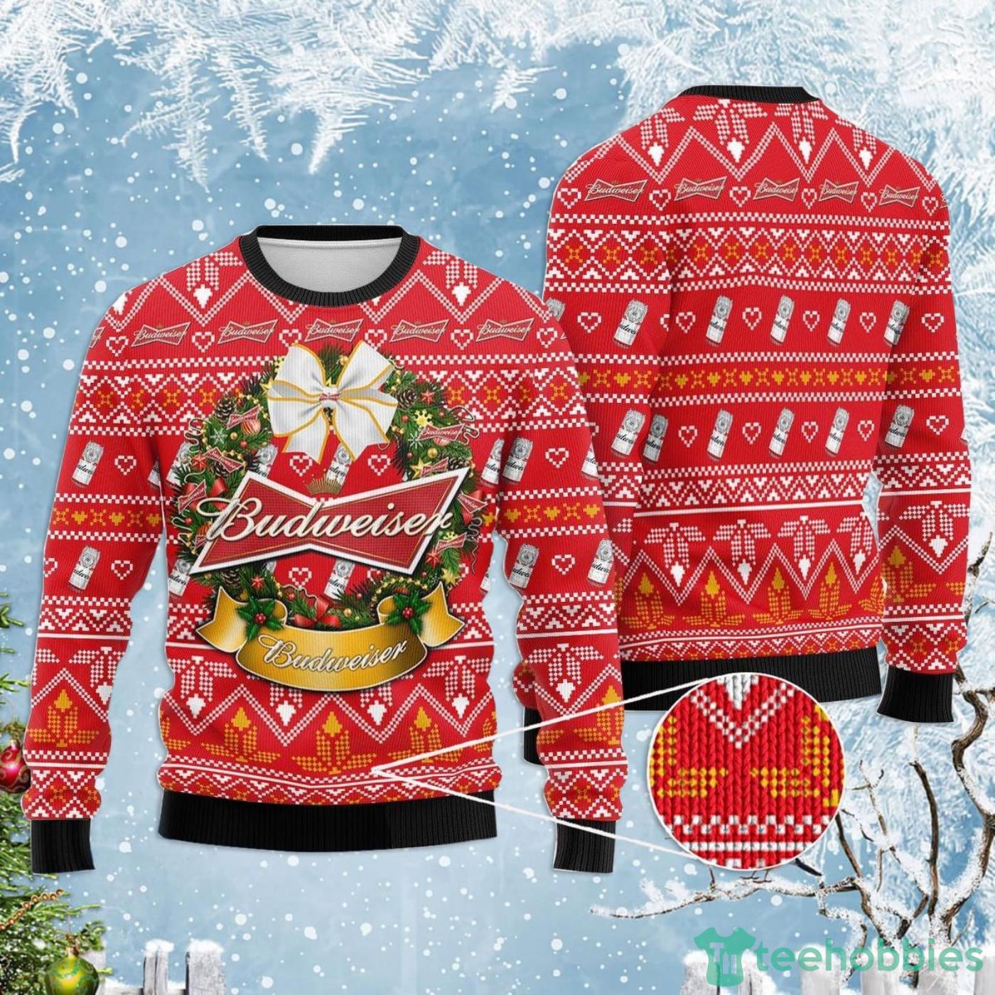 Wreath Budweiser Beer Red Ugly Christmas Sweater Product Photo 1