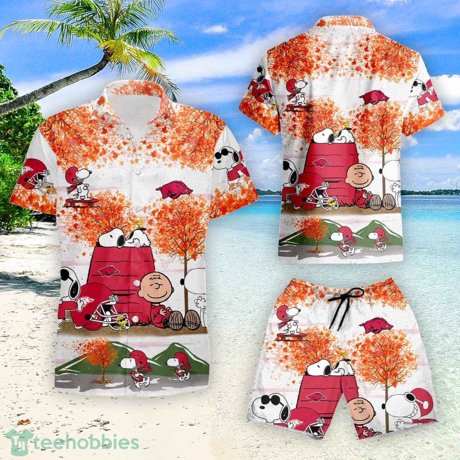 Arkansas Razorbacks Snoopy Autumn Summer Hawaiian Shirt And Short image Arkansas Razorbacks Snoopy Autumn Summer Hawaiian Shirt And Short Product Photo 2