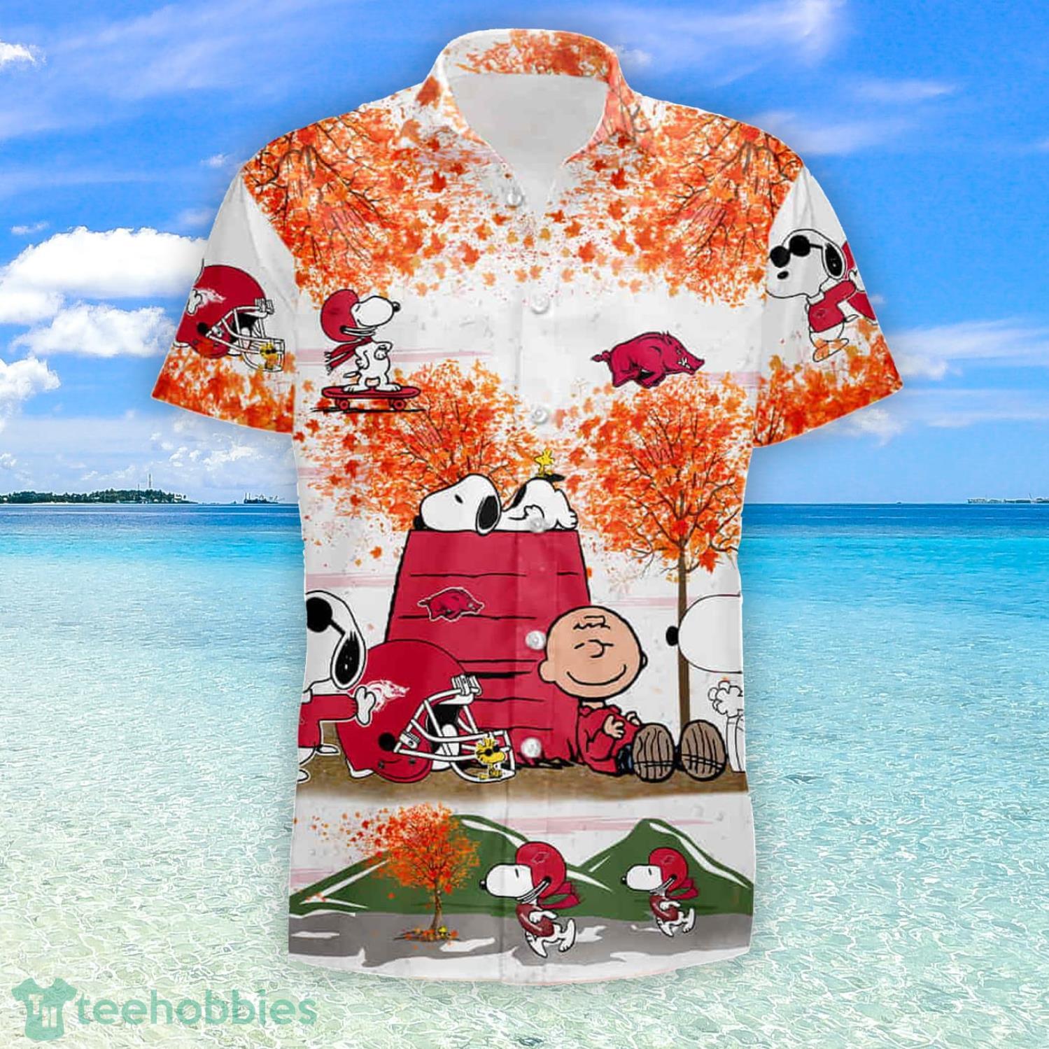 Arkansas Razorbacks Snoopy Autumn Summer Hawaiian Shirt And Short Product Photo 1 Arkansas Razorbacks Snoopy Autumn Summer Hawaiian Shirt And Short Product Photo 1