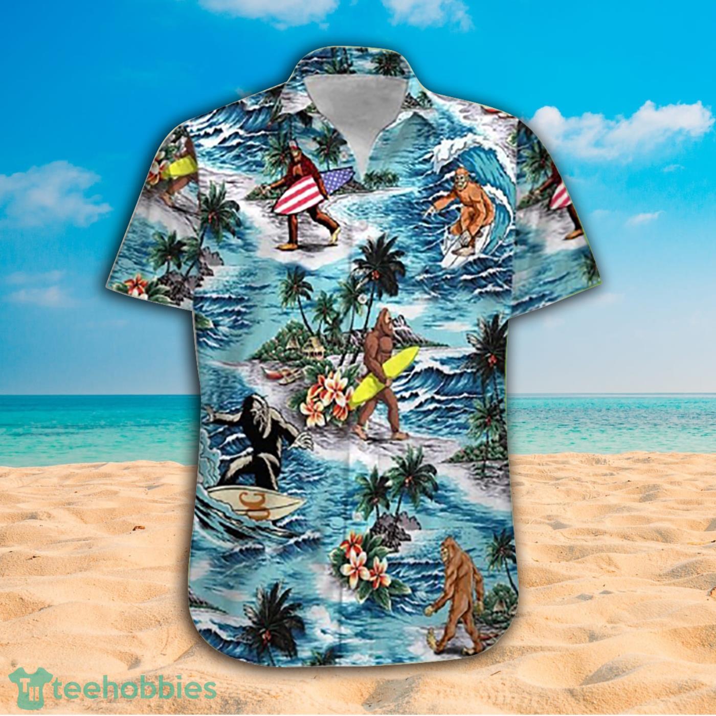 Bigfoot Surfing Vacation Island Pattern Hawaiian Shirt And Short