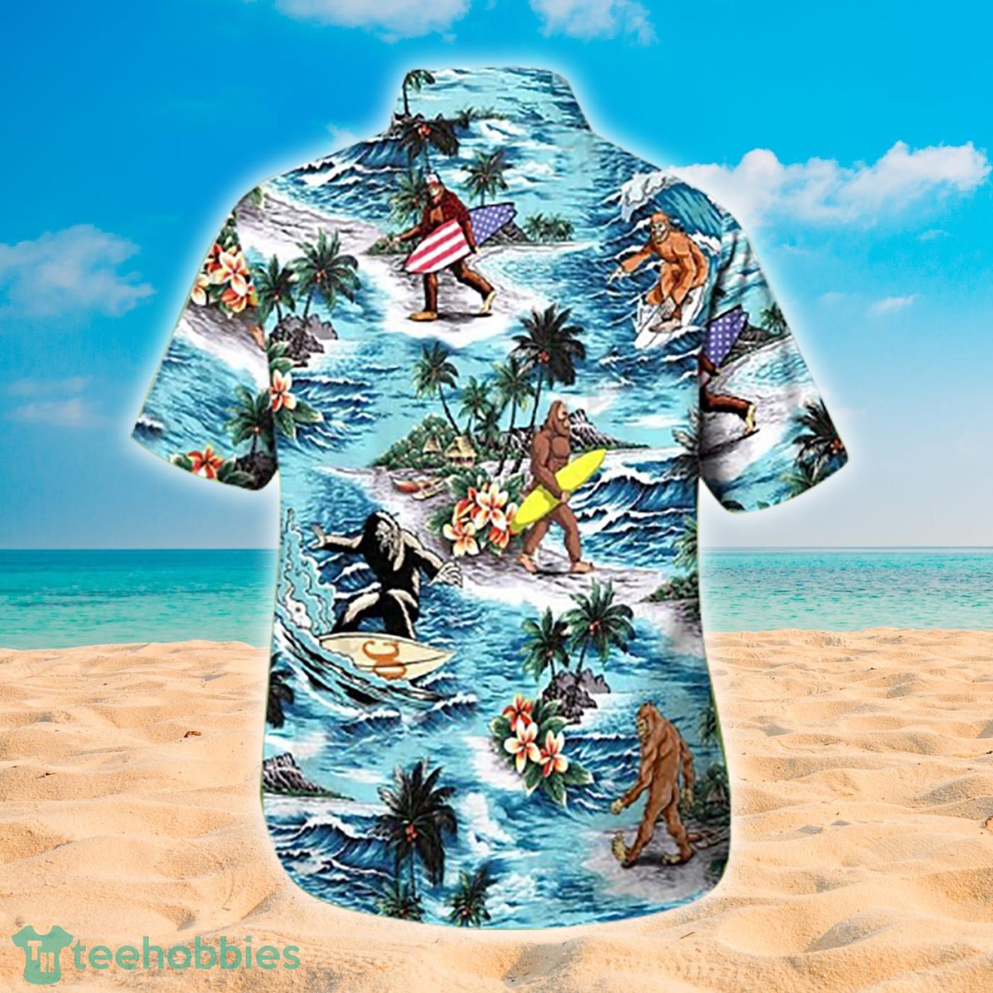 Bigfoot Surfing Vacation Island Pattern Hawaiian Shirt And Short Product Photo 1