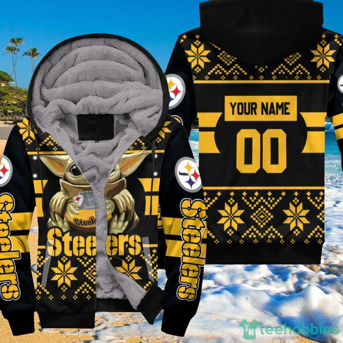 Baby Yoda Hugs Pittsburgh Steelers NFL Hoodie 3D Personalized Product Photo 1