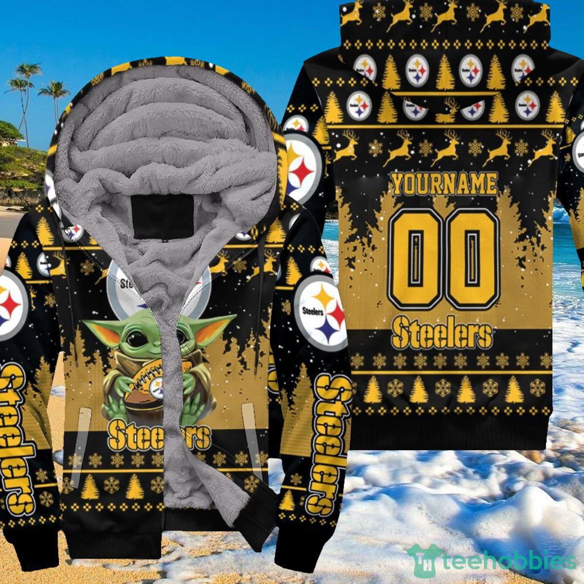 Baby Yoda Hugs Pittsburgh Steelers NFL Personalized Ugly Sweater Hoodie 3D Product Photo 1