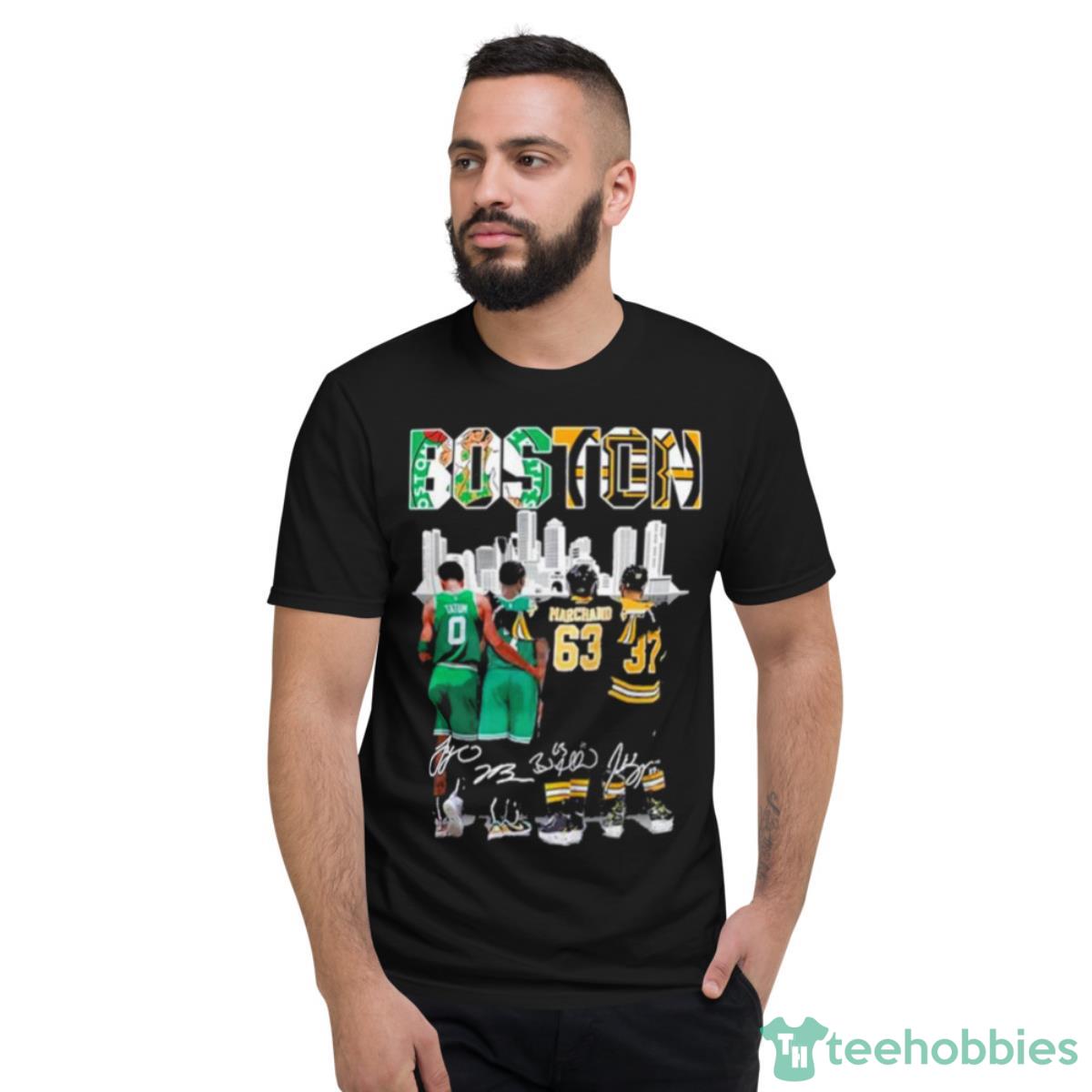 Boston Celtics And Bruins Jayson Tatum Jaylen Brown Brad Marchand And Patrice Bergeron Shirt - Short Sleeve T-Shirt