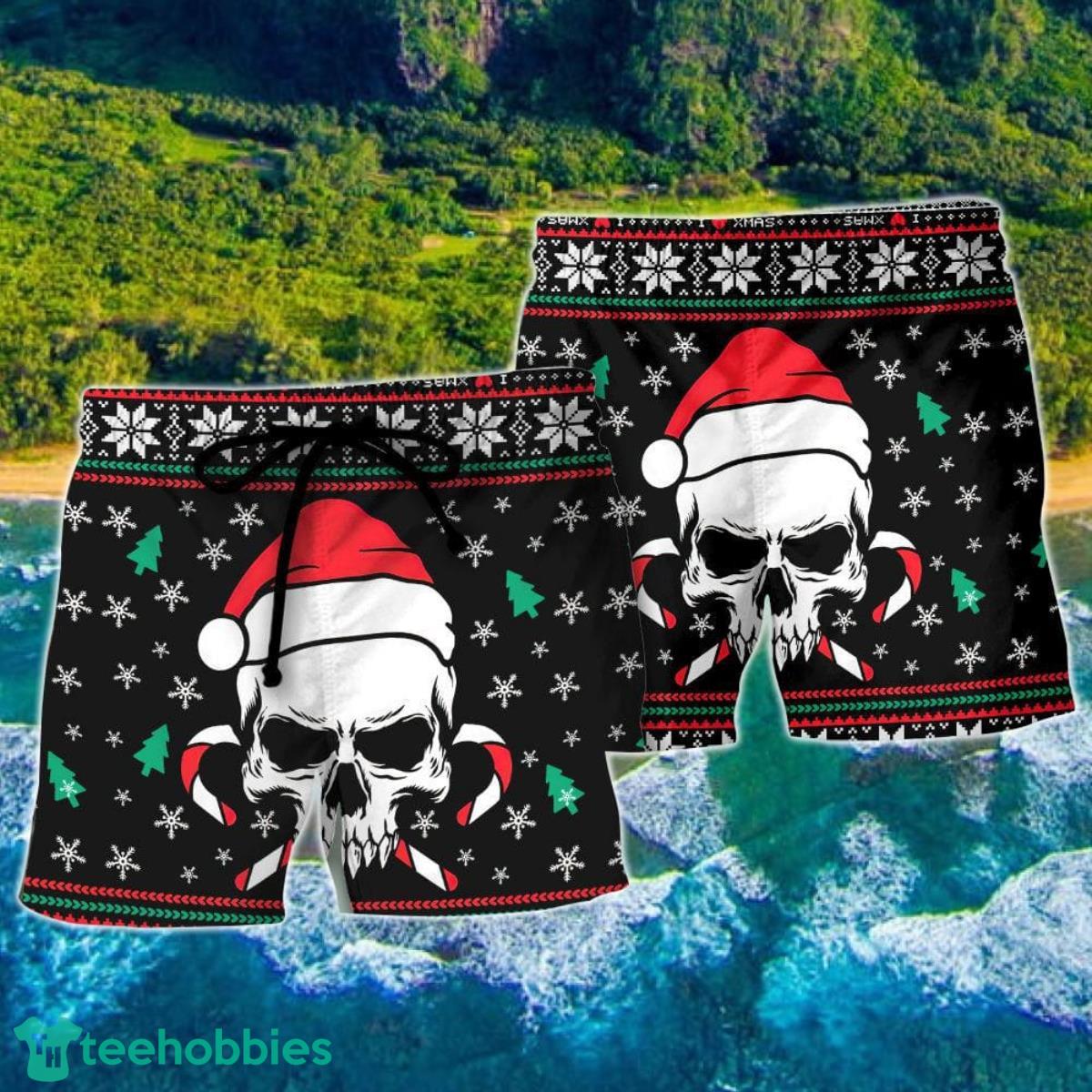 Christmas Skull Wearing Santa Claus Hat And Sweat Candy Hawaii Shorts For Men Product Photo 2