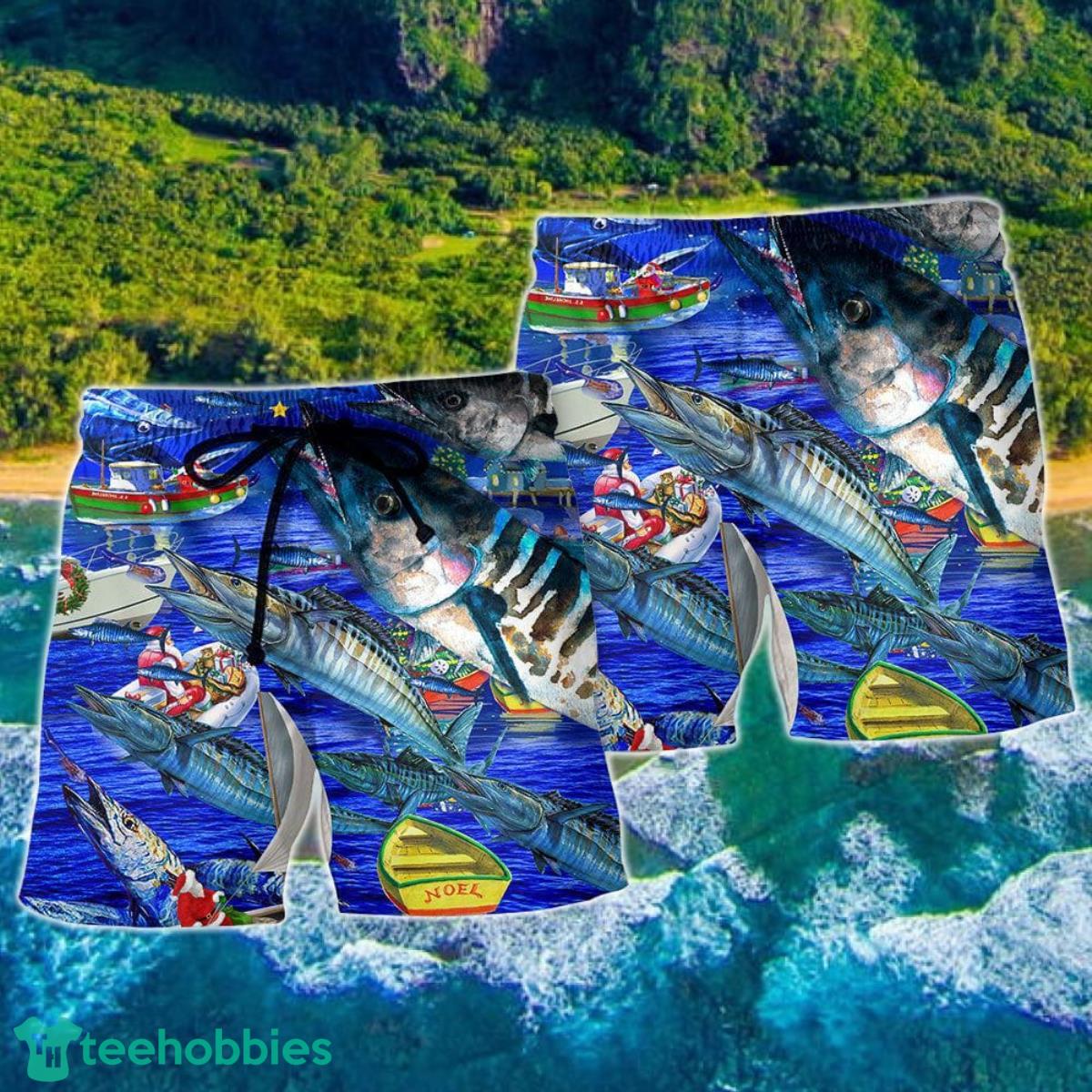Fishing Love Ocean Blue Christmas Night Hawaii Shorts For Men - Summer Beach Shorts Product Photo 2