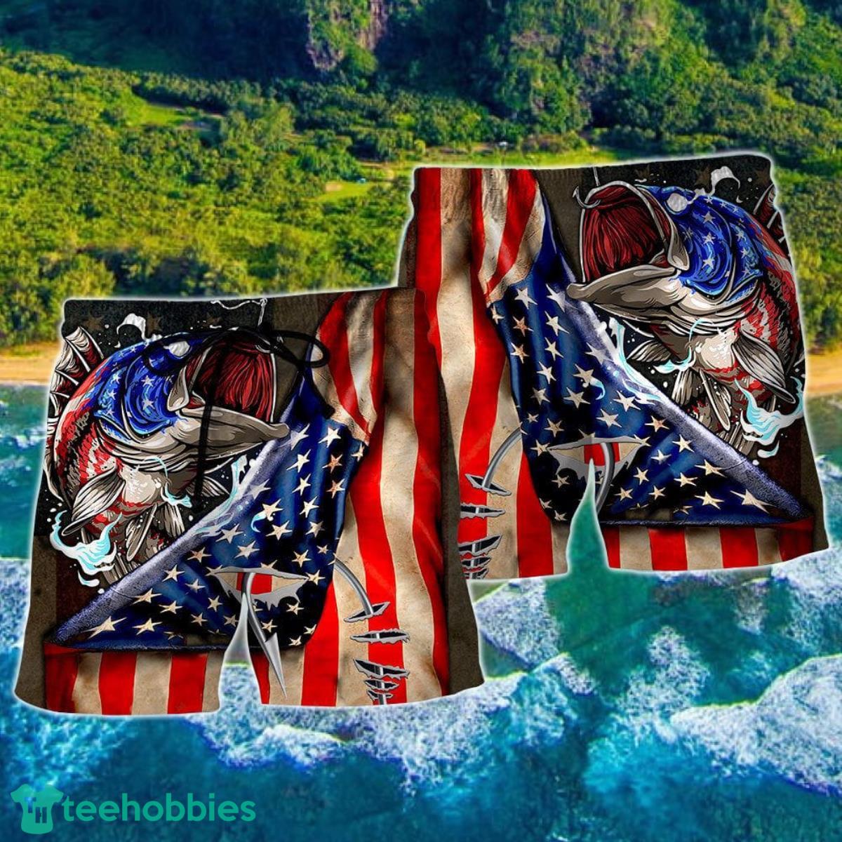 Fishing Us Flag Cool Hawaii Shorts For Men - Summer Beach Shorts Product Photo 2