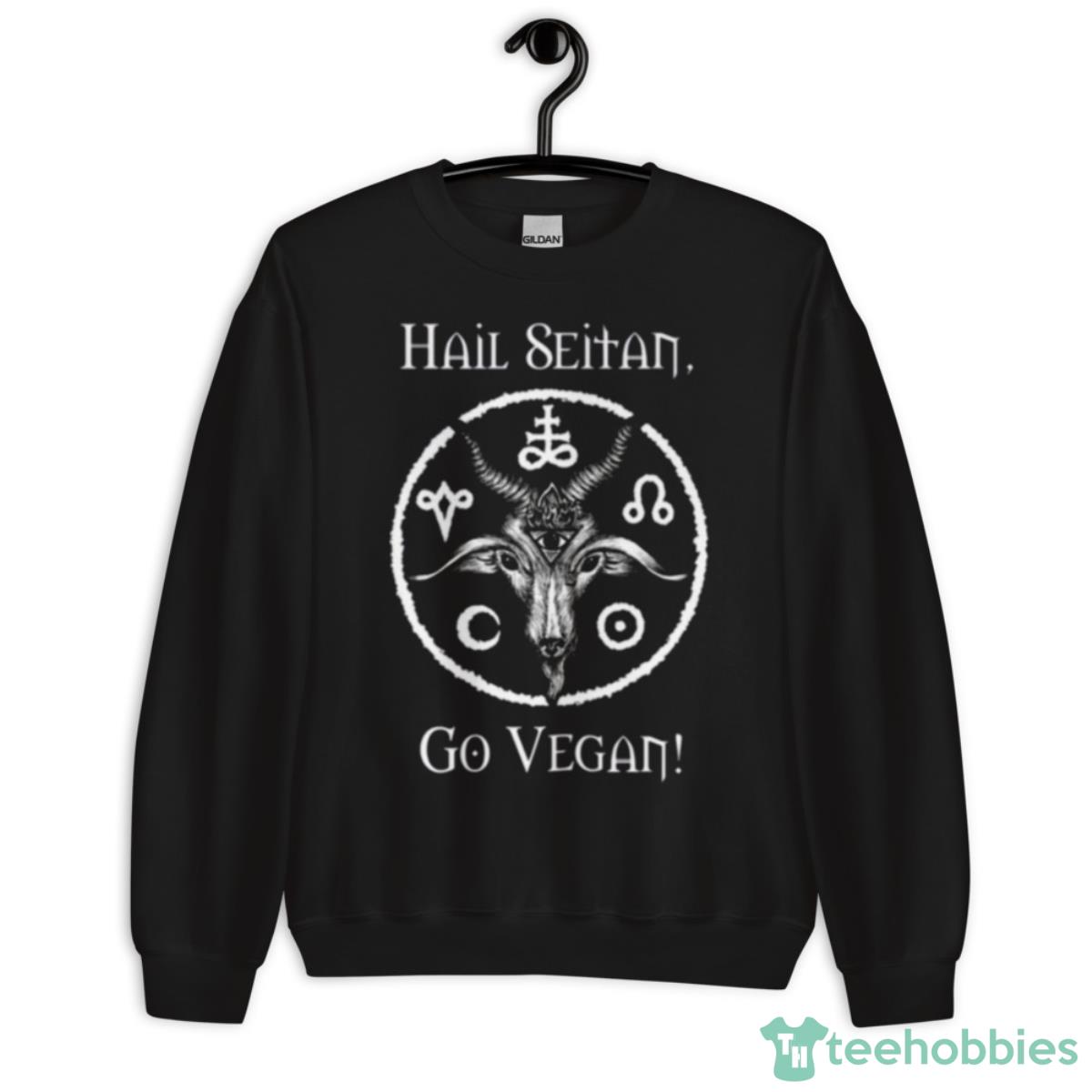 Hail Seitan Go Vegan Funny Satanic Pun Baphomet Illustration Shirt - Unisex Crewneck Sweatshirt