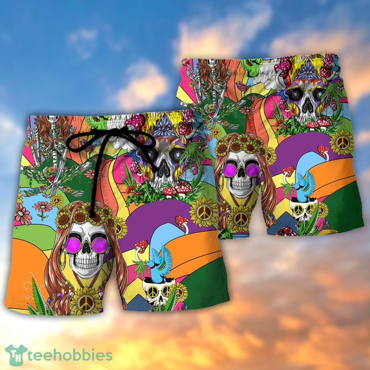 Hippie Skull Peace Life Color So Funny Summer Beach Hawaii Shorts Product Photo 2