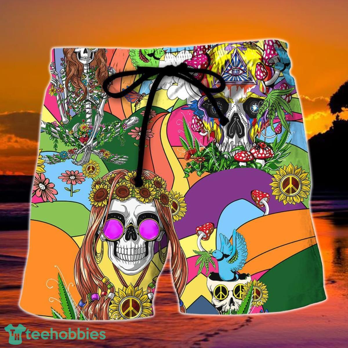 Hippie Skull Peace Life Color So Funny Summer Beach Hawaii Shorts Product Photo 1