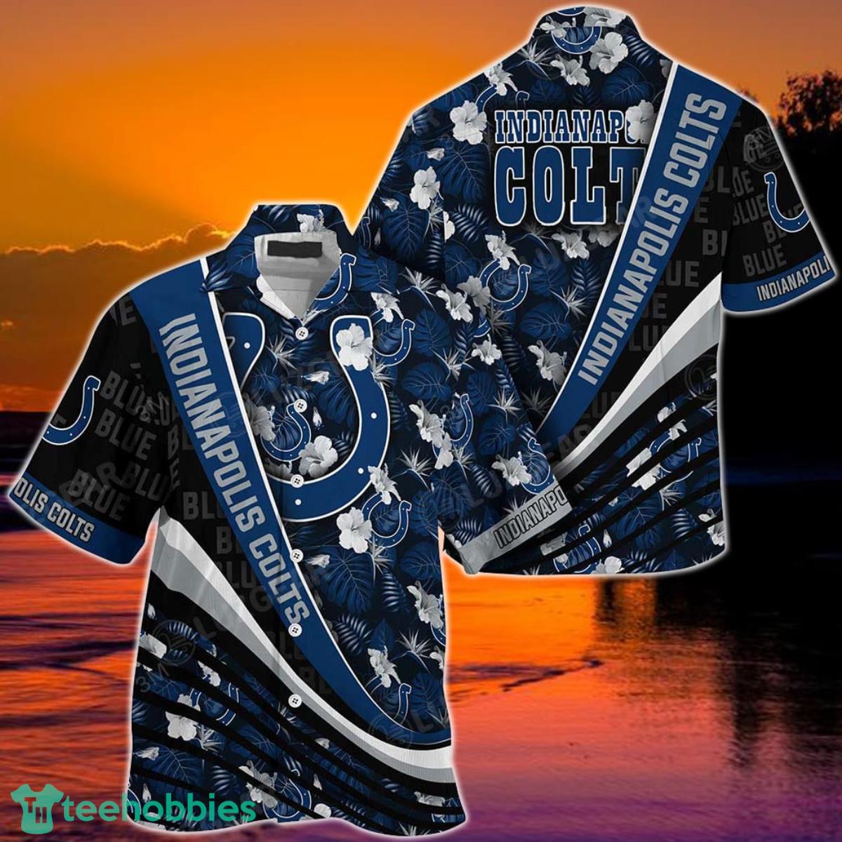 Indianapolis Colts NFL Football With Tropical Flower Pattern Hawaiian Shirt For Fans Product Photo 1 Indianapolis Colts NFL Football With Tropical Flower Pattern Hawaiian Shirt For Fans Product Photo 1