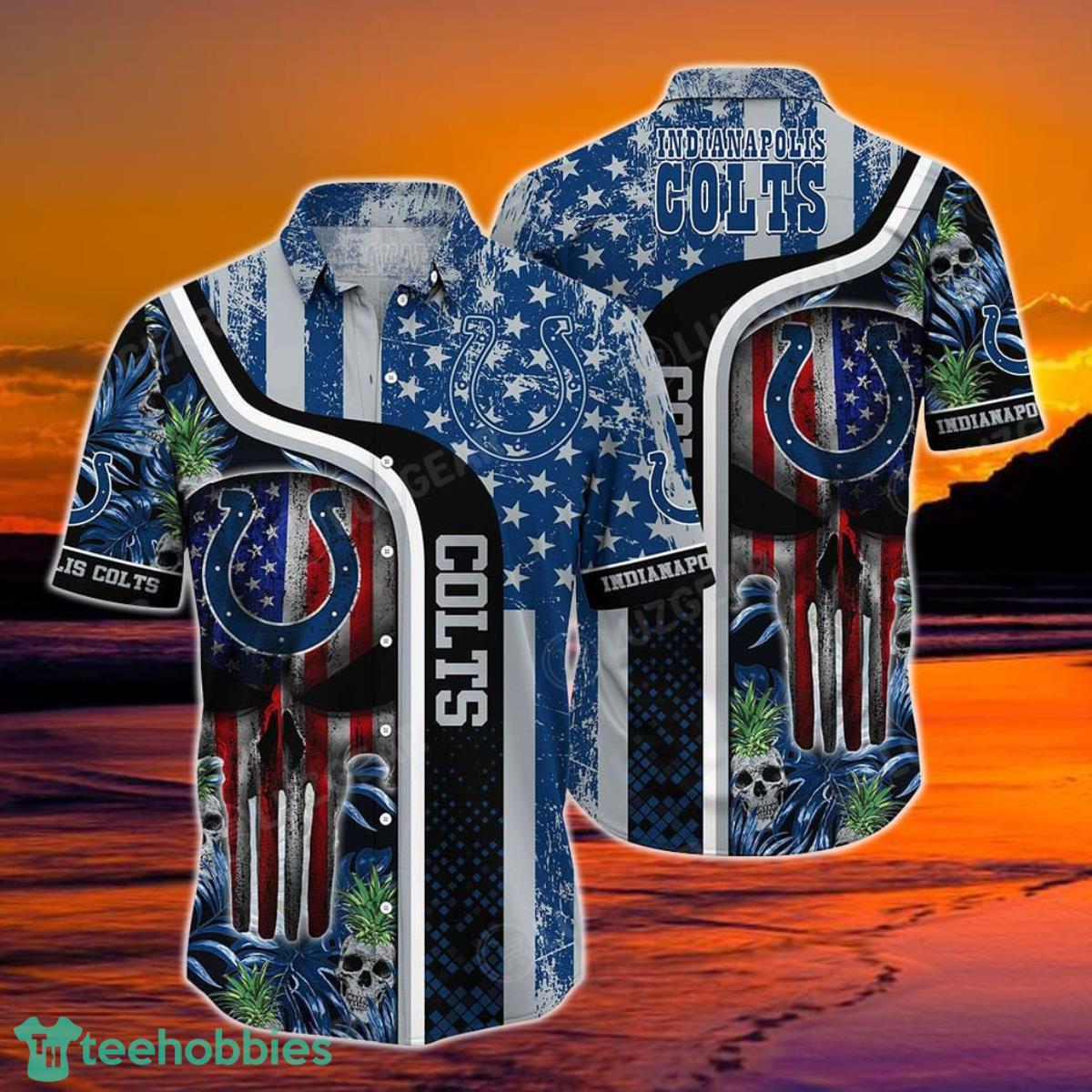 Indianapolis Colts NFL Hawaiian Shirt Graphic Tropical Pattern Skull Punisher 3D Printed Best Gift For Fans Product Photo 1