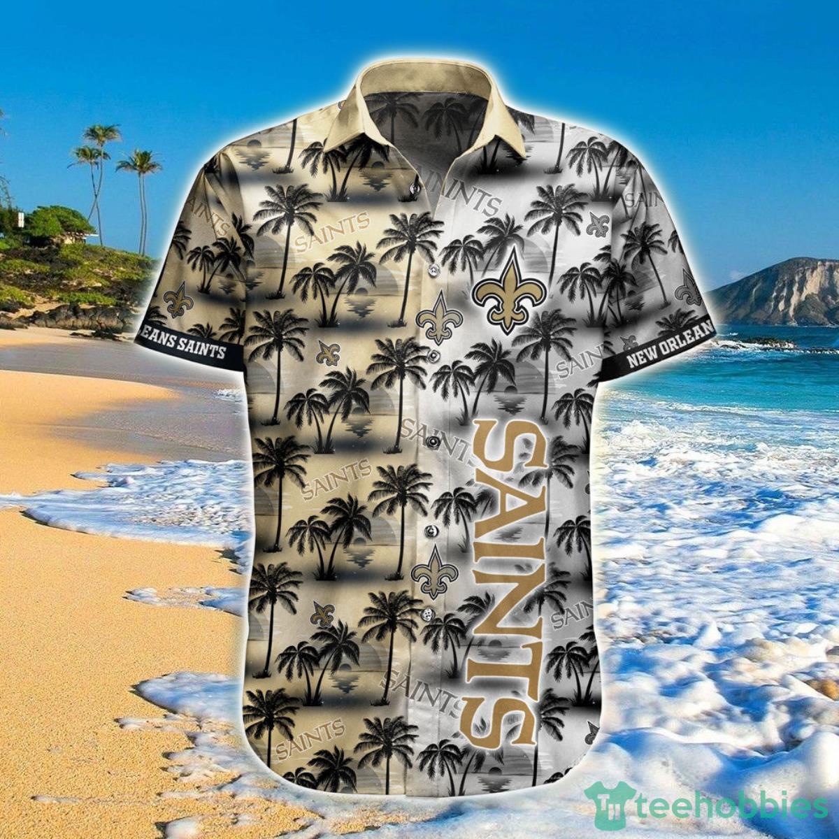 New Orleans Saints Hawaiian Shirt Palm Tree Pattern Product Photo 1