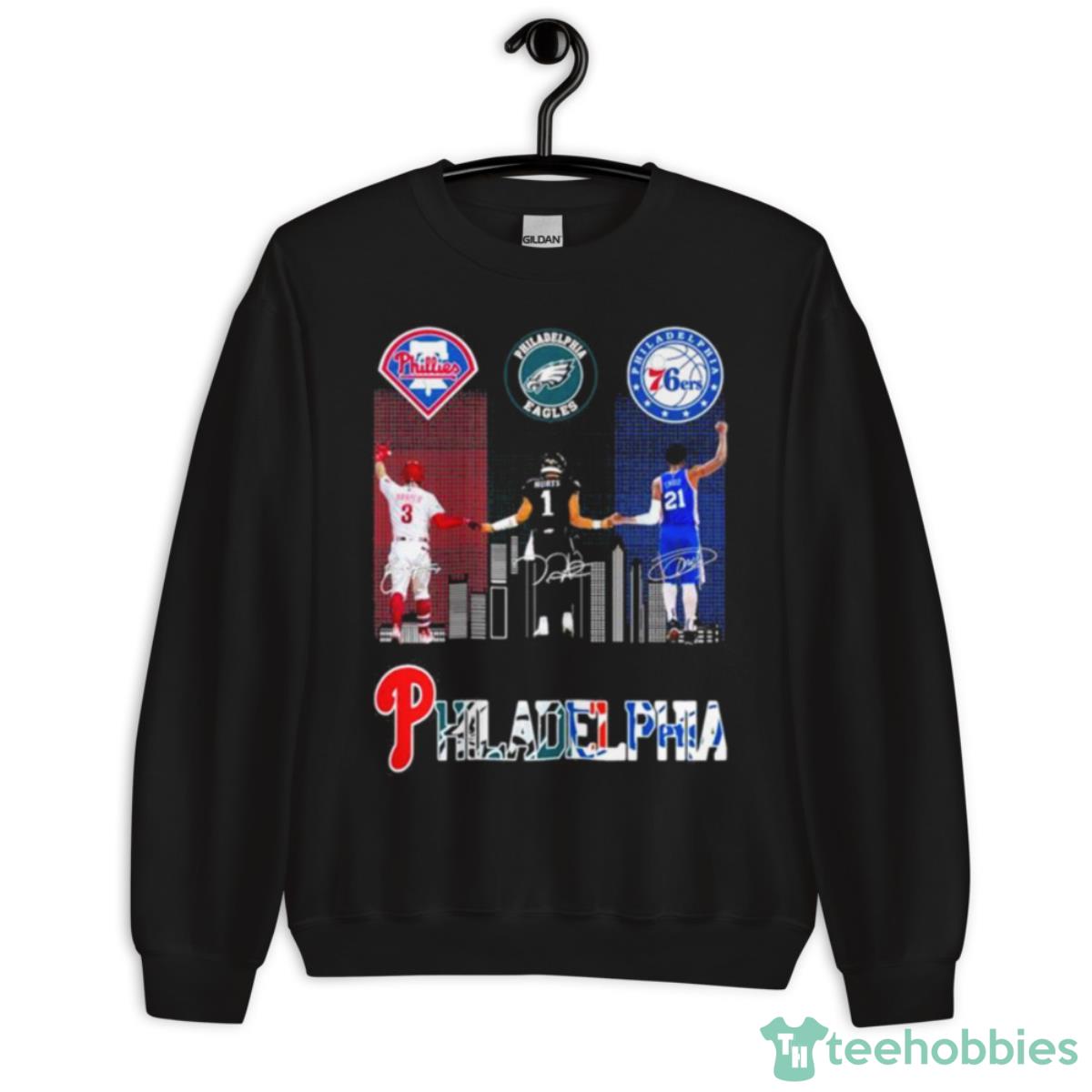 Philadelphia Bryce Harper Jalen Hurts And Joel Embiid Signatures Shirt - Unisex Crewneck Sweatshirt