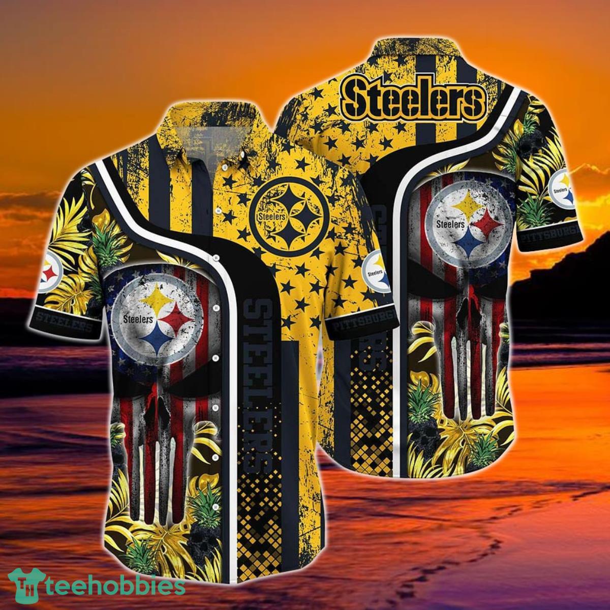 Pittsburgh Steelers NFL Hawaiian Shirt Graphic Tropical Pattern Skull Punisher 3D Printed Best Gift For Fans Product Photo 1