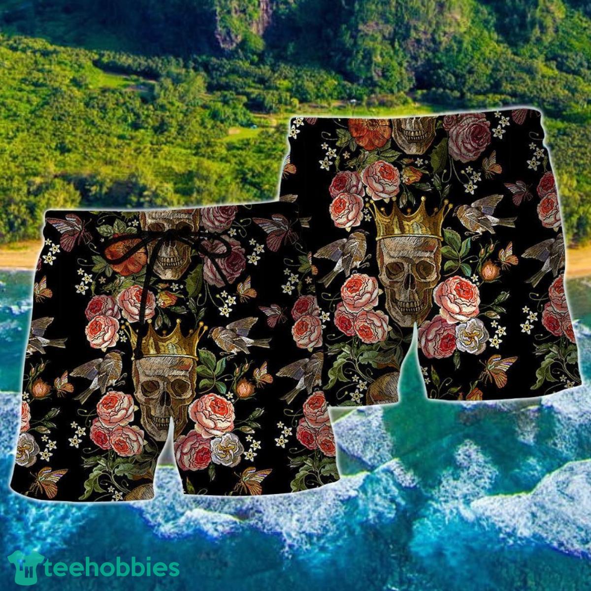 Skull And Flowers Art Hawaii Shorts For Men - Skull Shorts Swim Trunks Product Photo 2